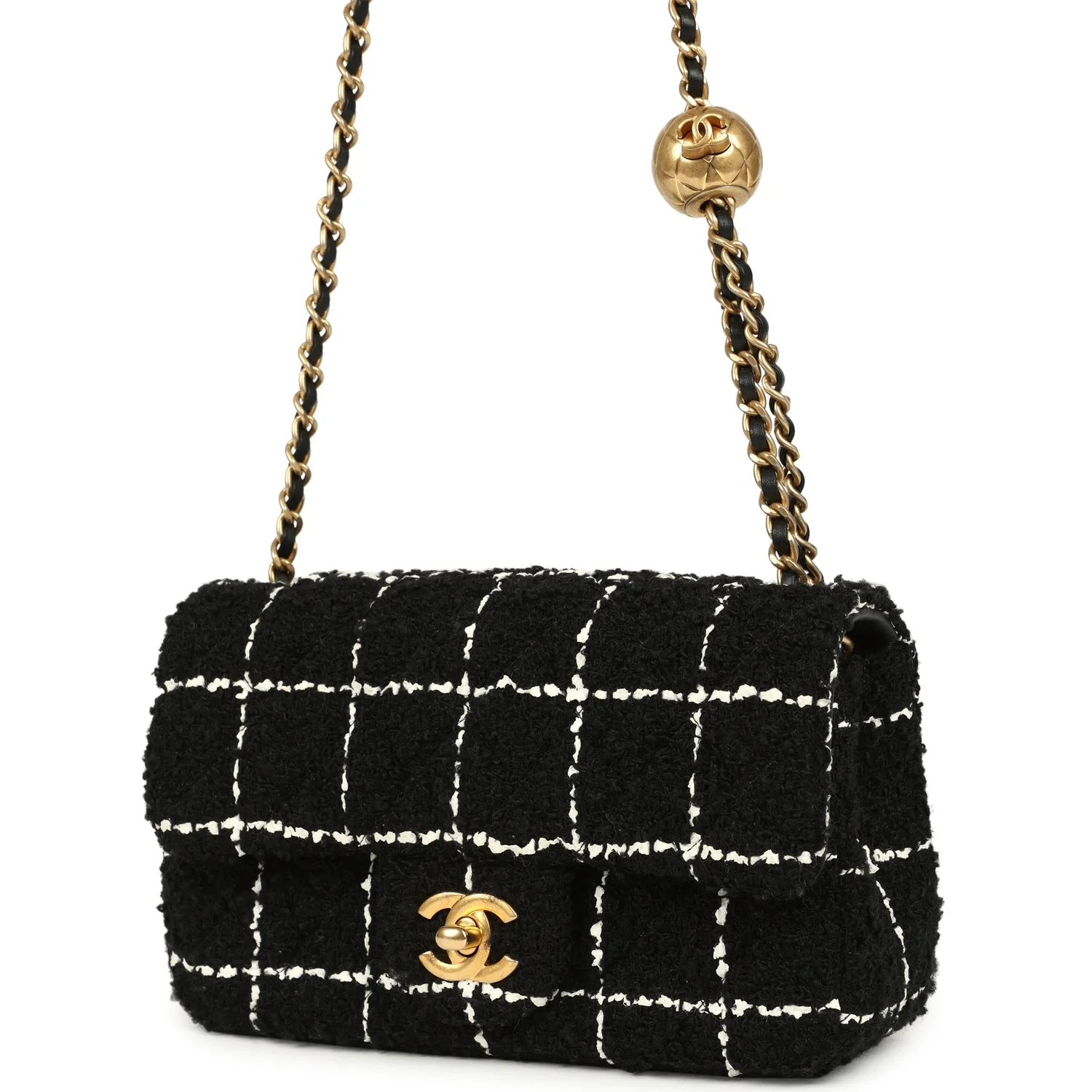 Pre-owned Chanel Mini Pearl Crush Square Flap Bag White and Black Tweed Antique Gold Hardware