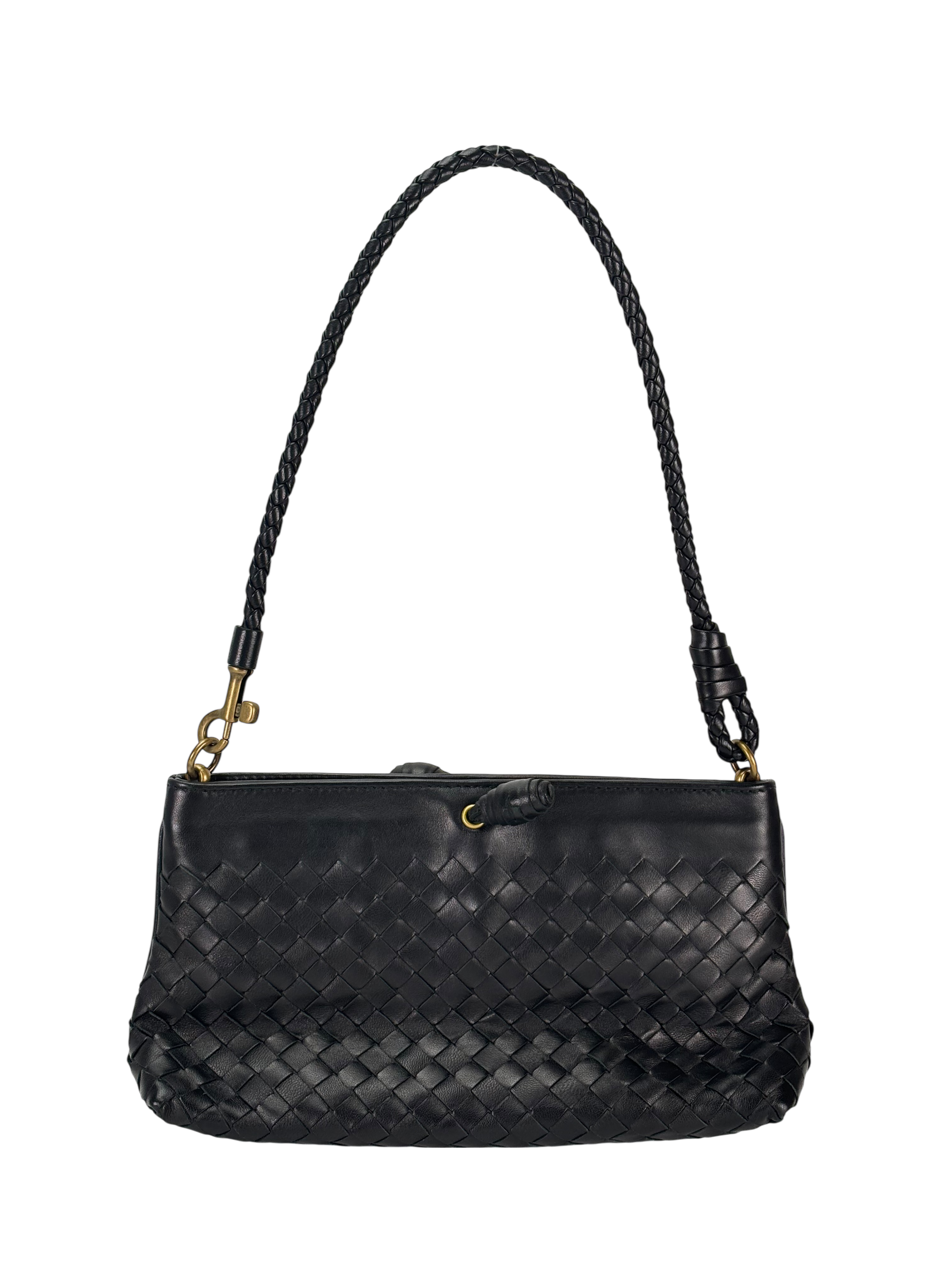 BOTTEGA VENETA - Black Lambskin Ebano Intrecciato Shoulder Bag