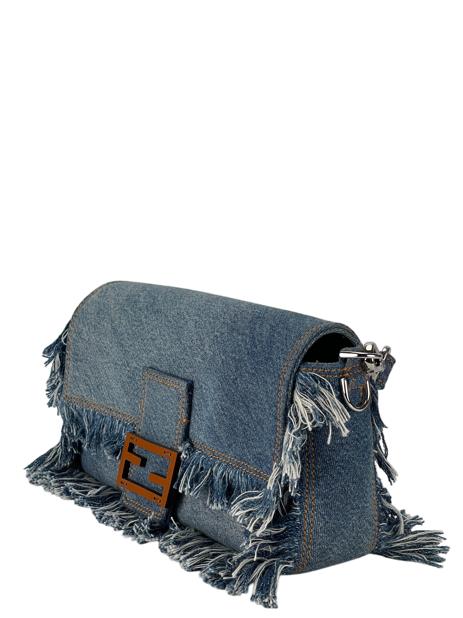 FENDI - Light Denim Lavato Leather Frayed Baguette Shoulder Bag