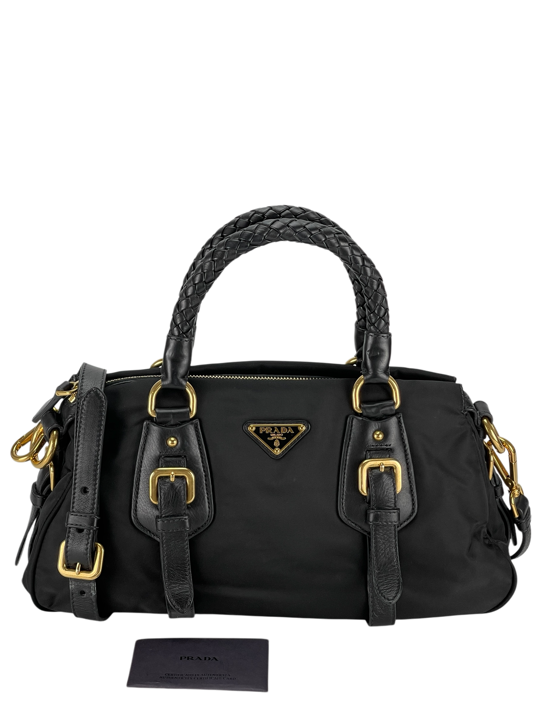 PRADA - Black Tessuto Nylon and Leather Bauletto Bag