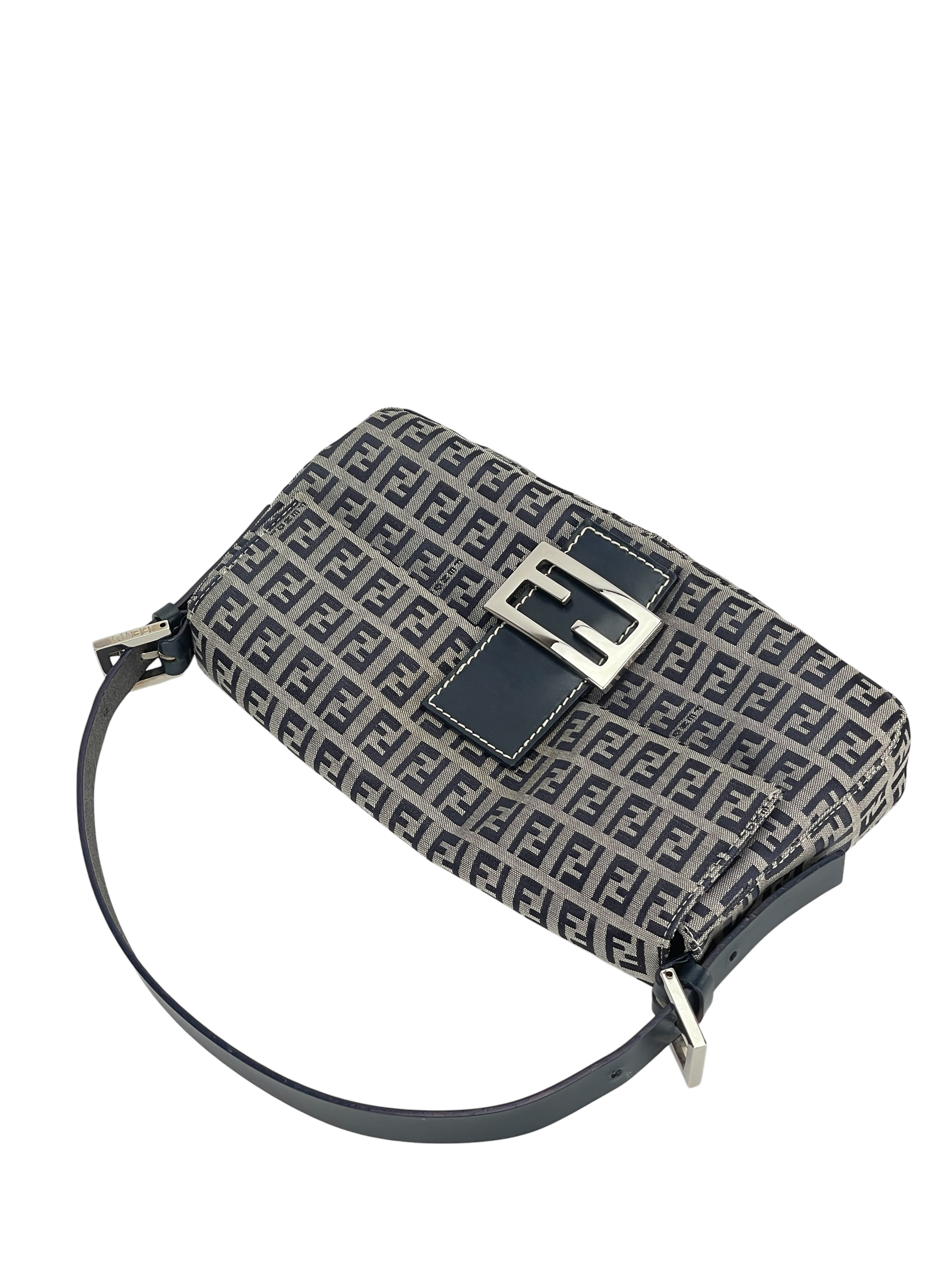 FENDI - Small Navy Canvas Zucchino Mamma Baguette Sliver Hardware