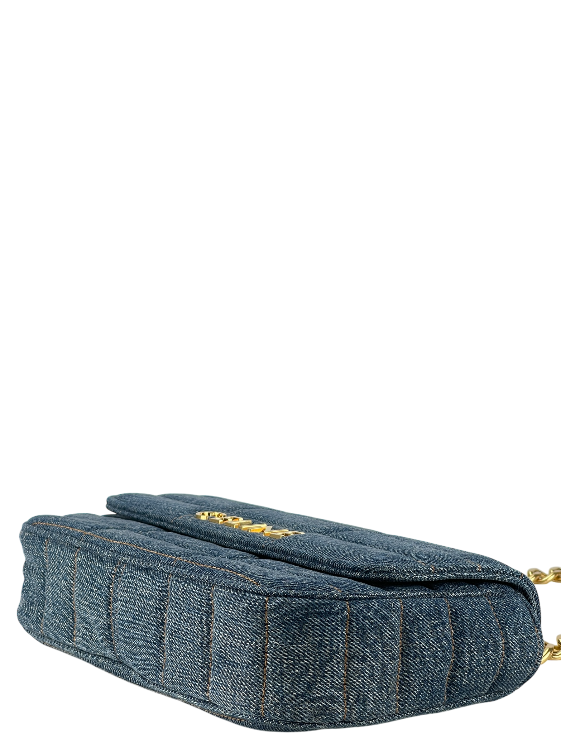 CELINE - Denim Matelasse Logo Shoulder Bag Gold Hardware