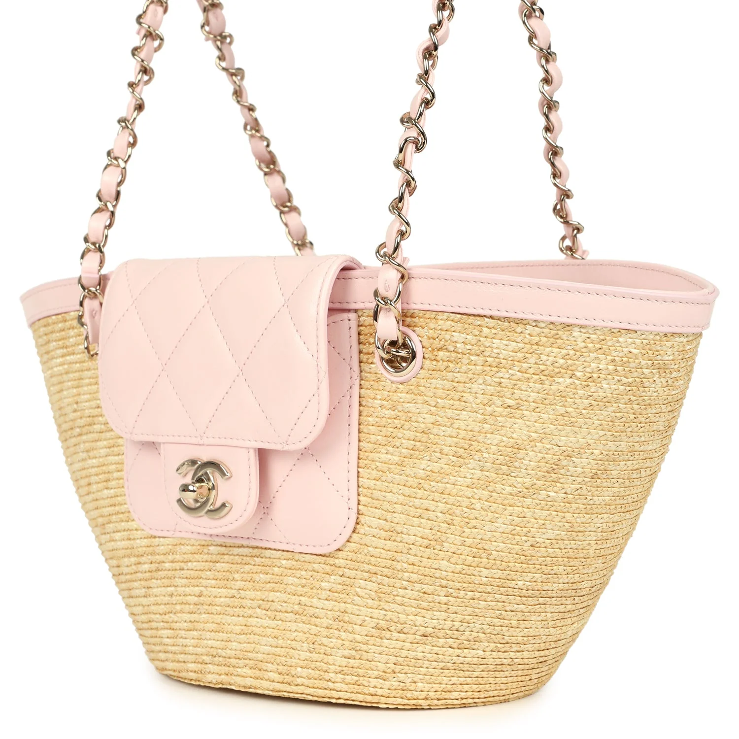 Chanel Small Shopping Tote Bag Beige Raffia and Light Pink Lambskin Light Gold Hardware