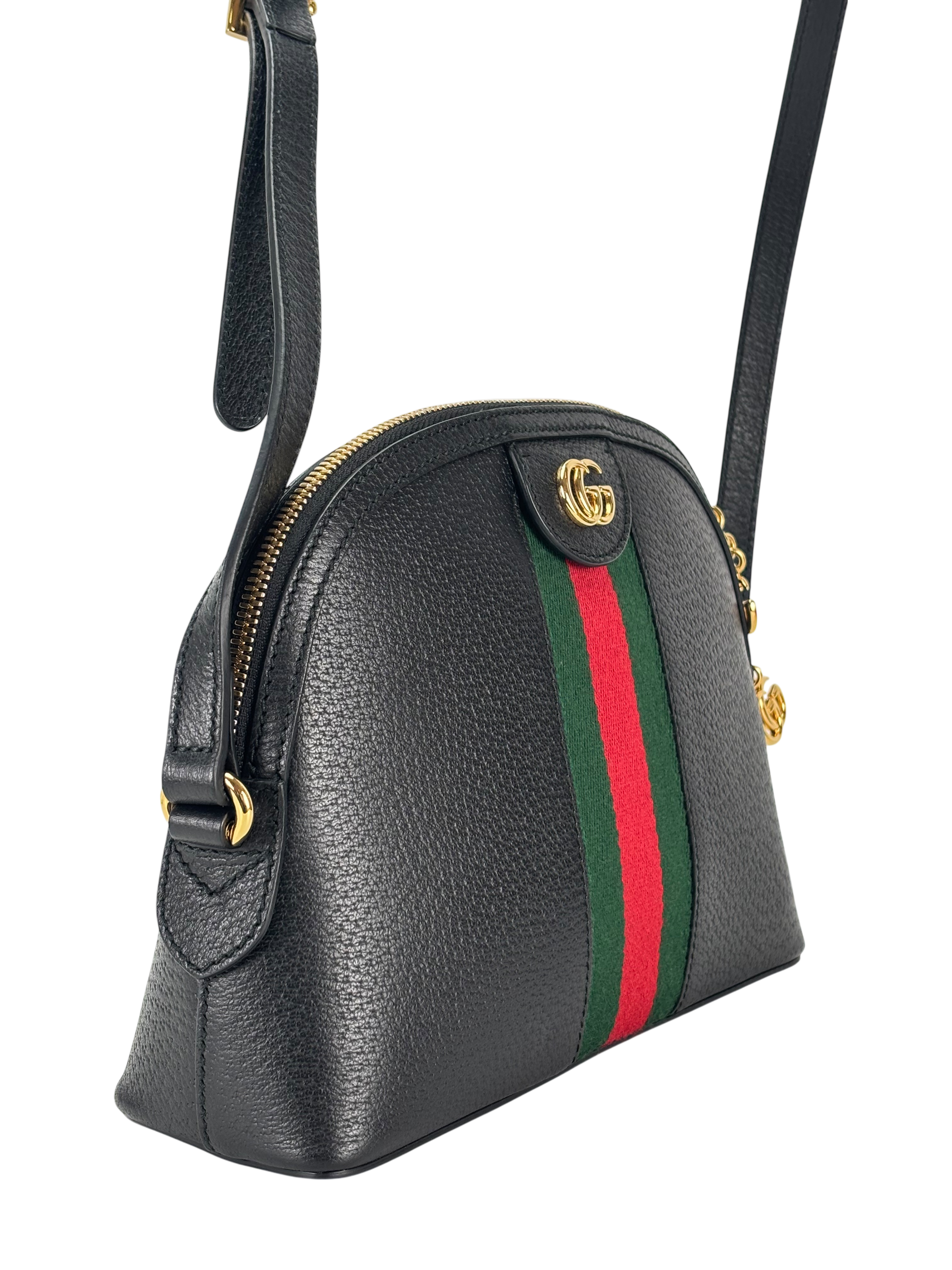 GUCCI - Leather Calfskin GG Web Small Ophidia Dome Shoulder Bag Black