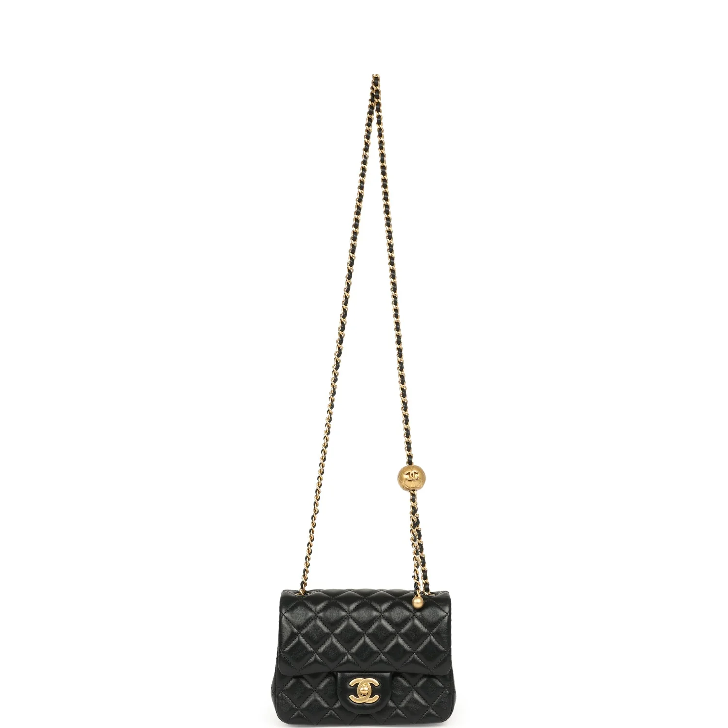 Chanel Mini Pearl Crush Square Flap Bag Black Shiny Lambskin Brushed Gold Hardware