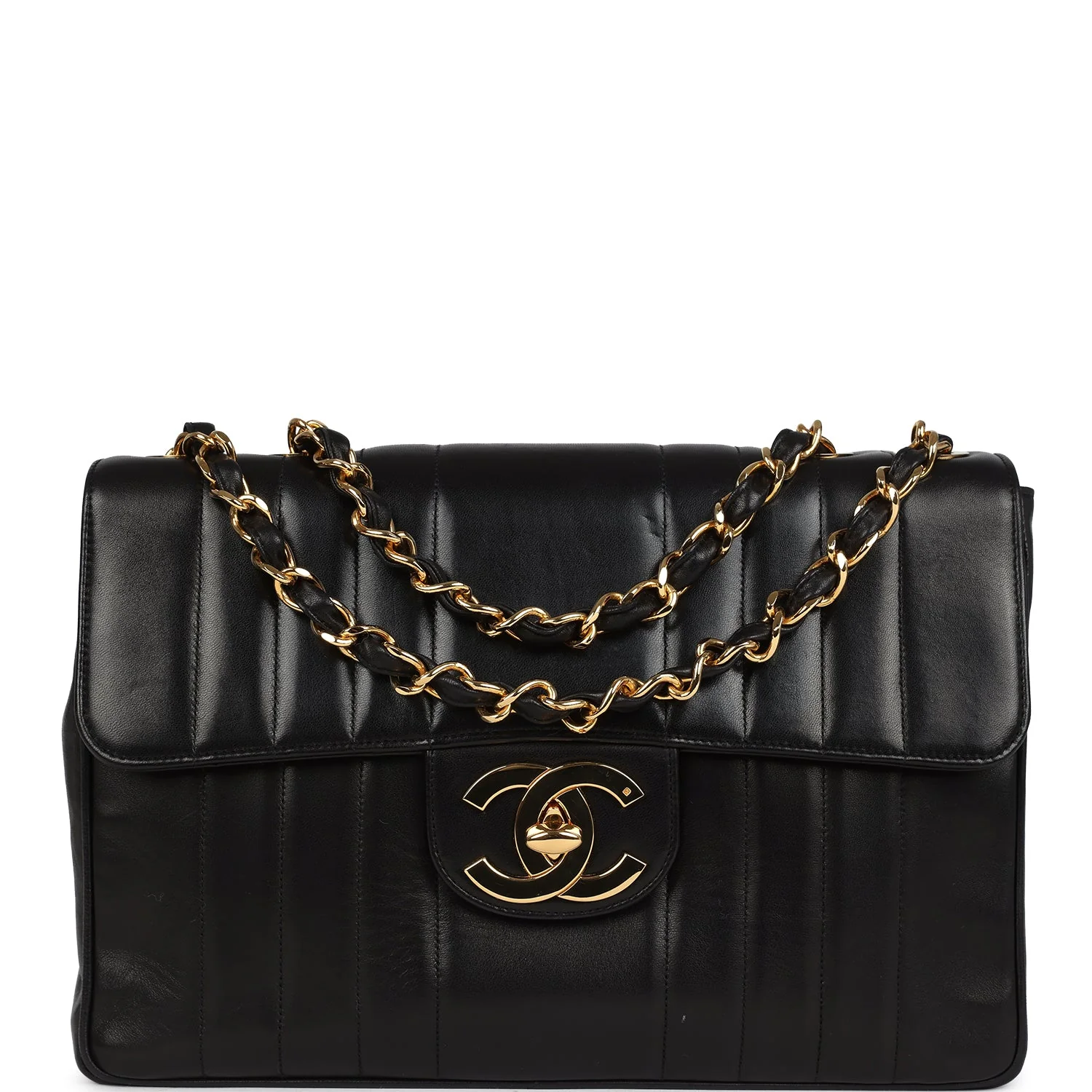 Vintage Chanel Jumbo Classic Mademoiselle Vertical Flap Black Lambskin Gold Hardware