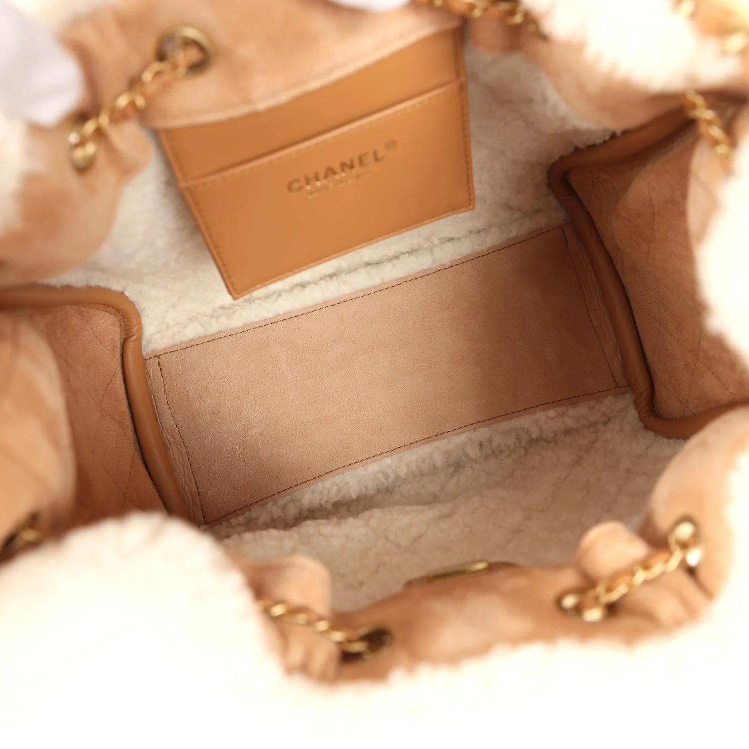 Chanel Small 25 Hobo Bag Beige Suede and White Shearling Antique Gold Hardware