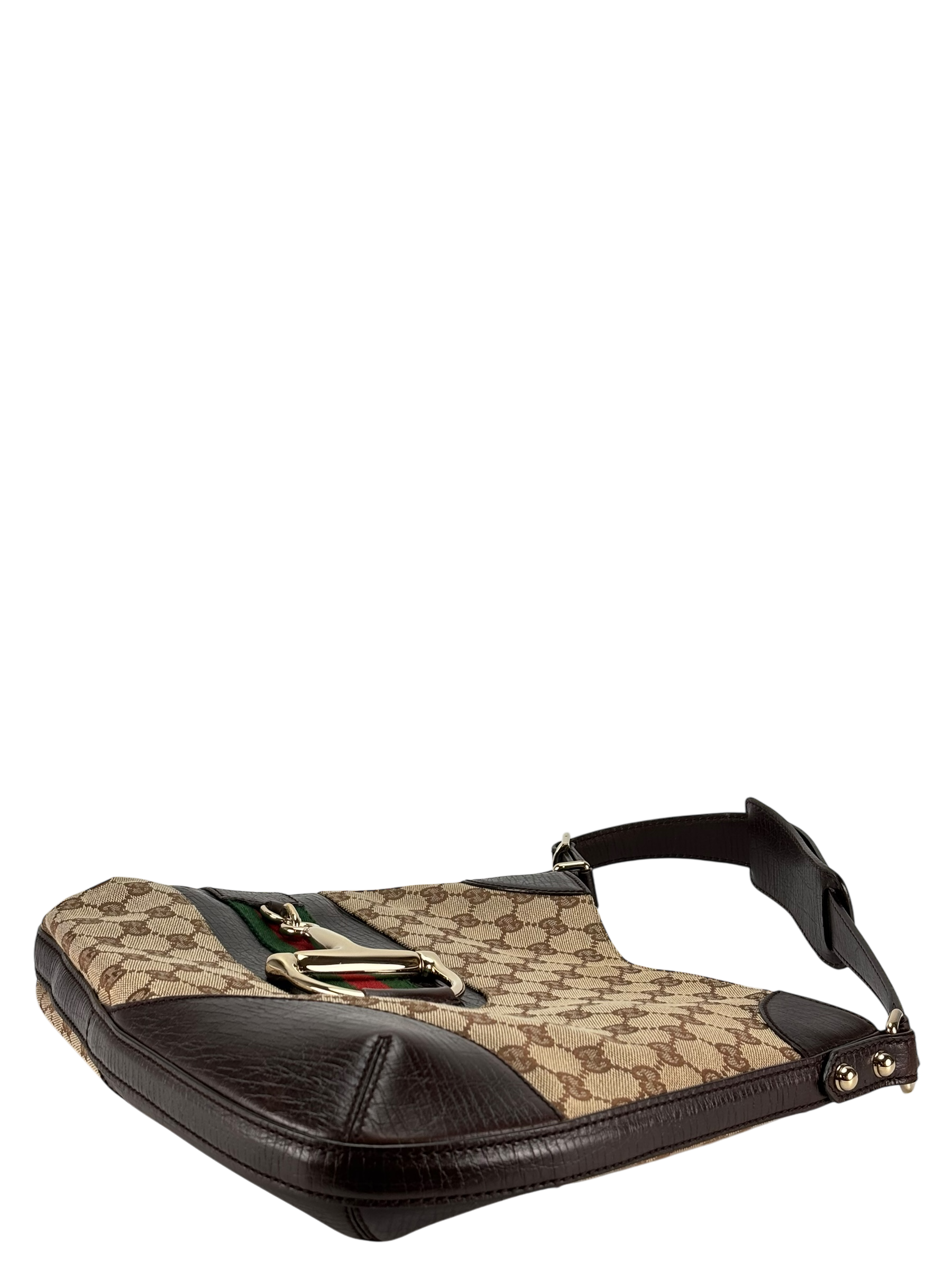 GUCCI -  Brown Leather Canvas GG Pattern Horsebit One Shoulder Bag