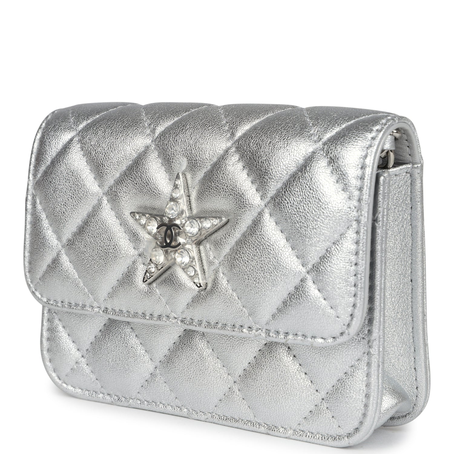 Chanel Crystal CC Walk Of Fame Clutch on Chain Silver Metallic Goatskin Silver Hardware