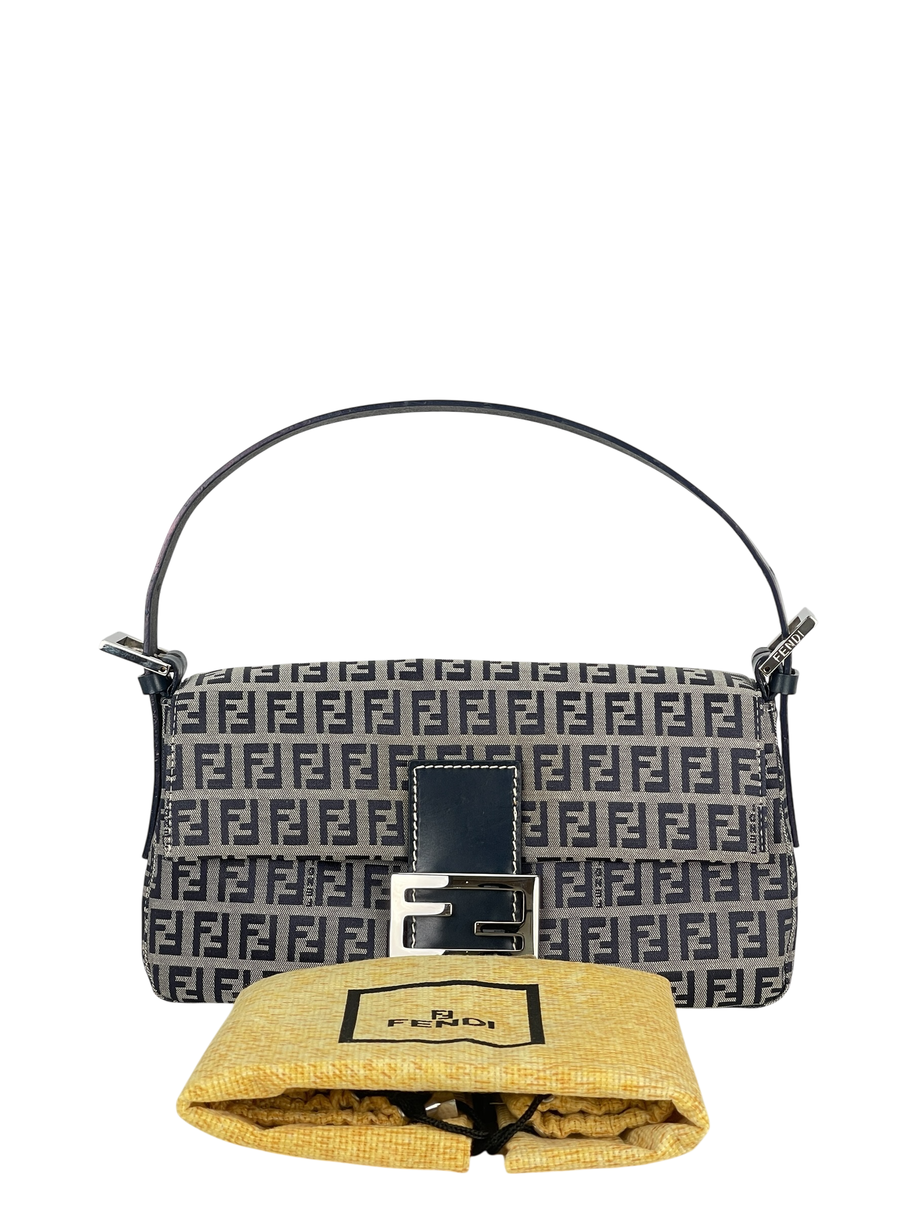 FENDI - Small Navy Canvas Zucchino Mamma Baguette Sliver Hardware