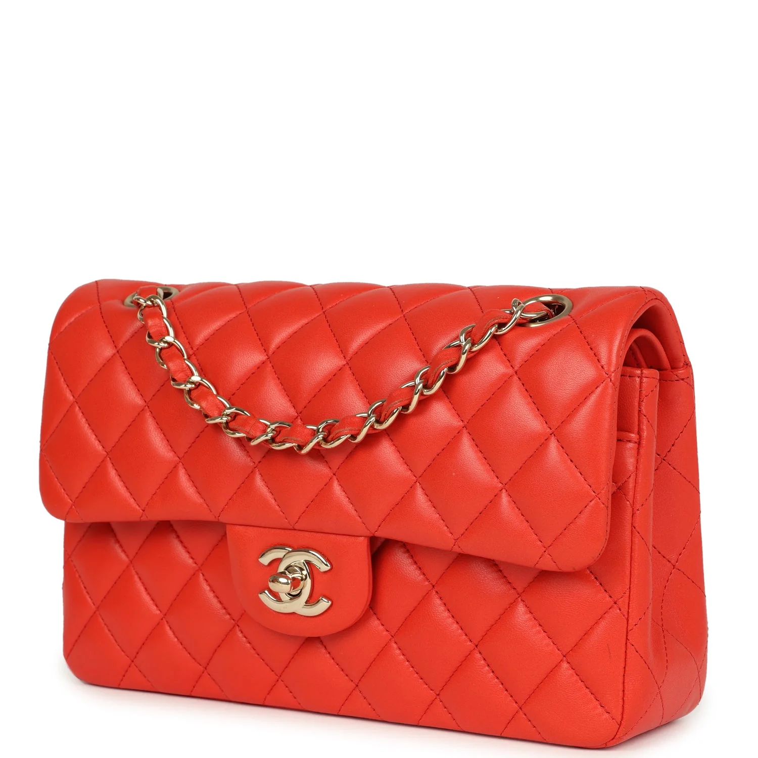 Pre-owned Chanel Small Classic Double Flap Bag Red Lambskin Light Gold Hardware