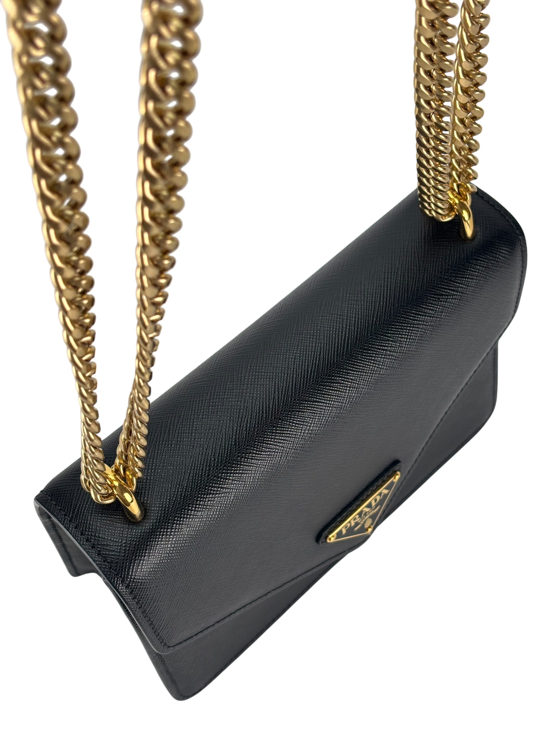 PRADA - Saffiano Soft Calfskin Metal Triangle Logo Envelope Chain Shoulder Bag Black