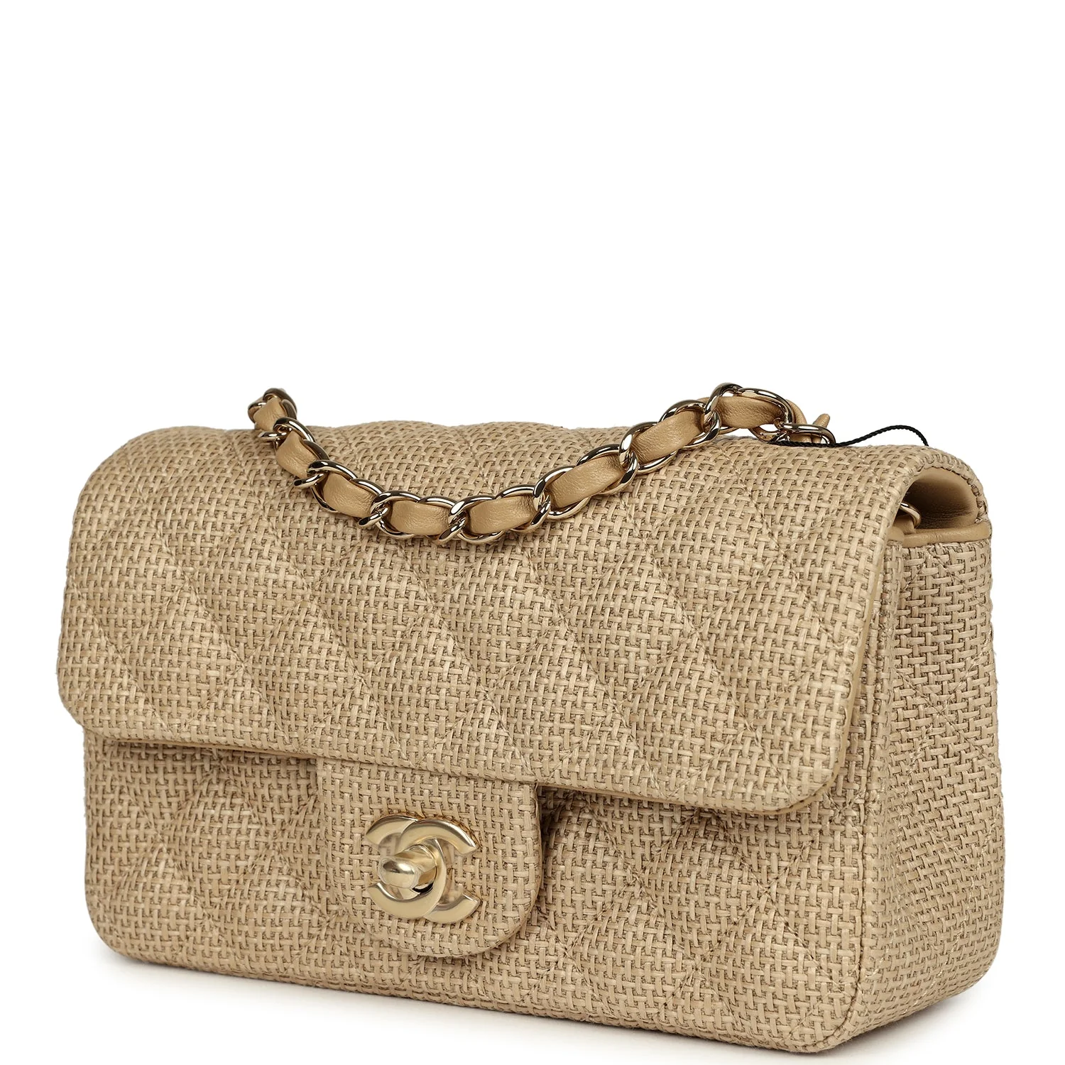Chanel Mini Rectangular Flap Dark Beige Raffia Light Gold Hardware