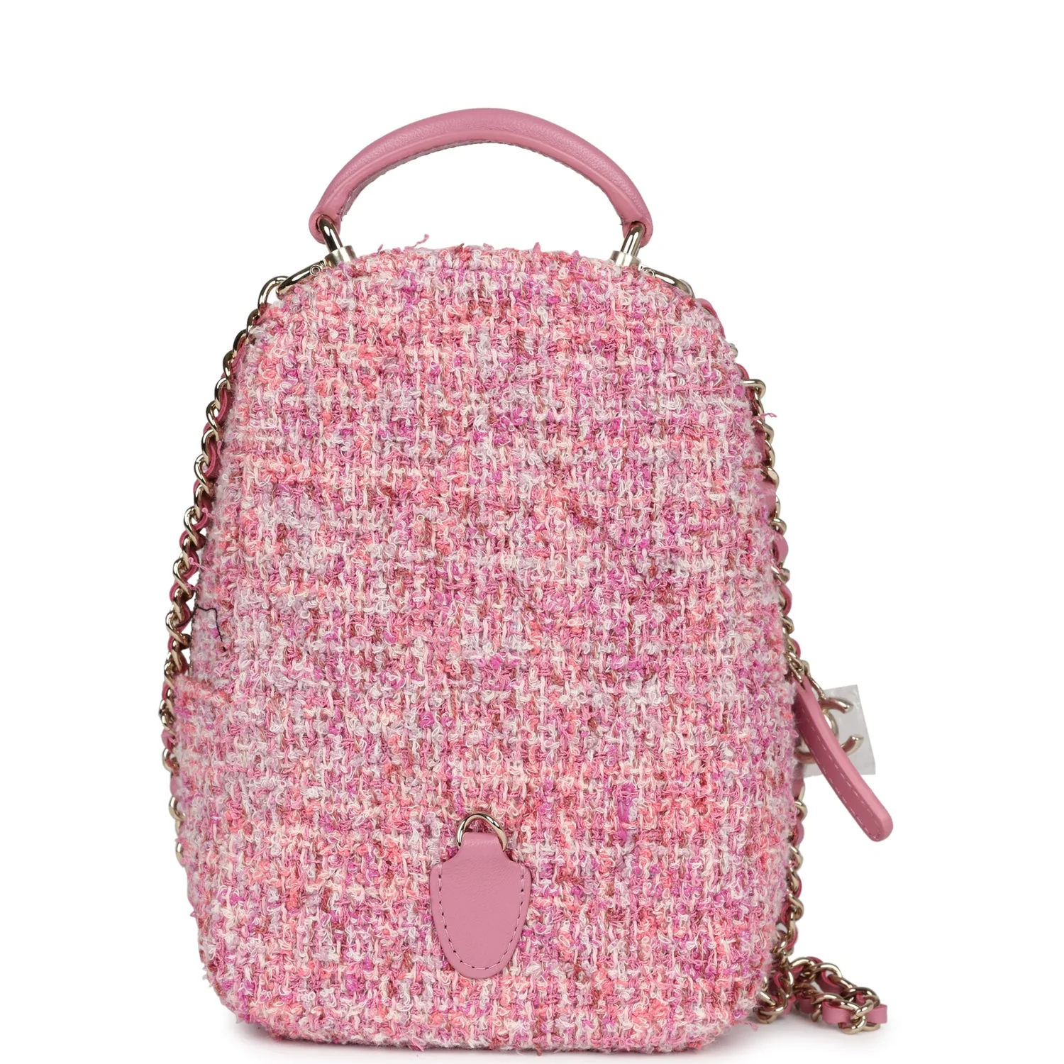 Chanel Mini Phone Holder Backpack with Chain Pink Multicolor Tweed Light Gold Hardware
