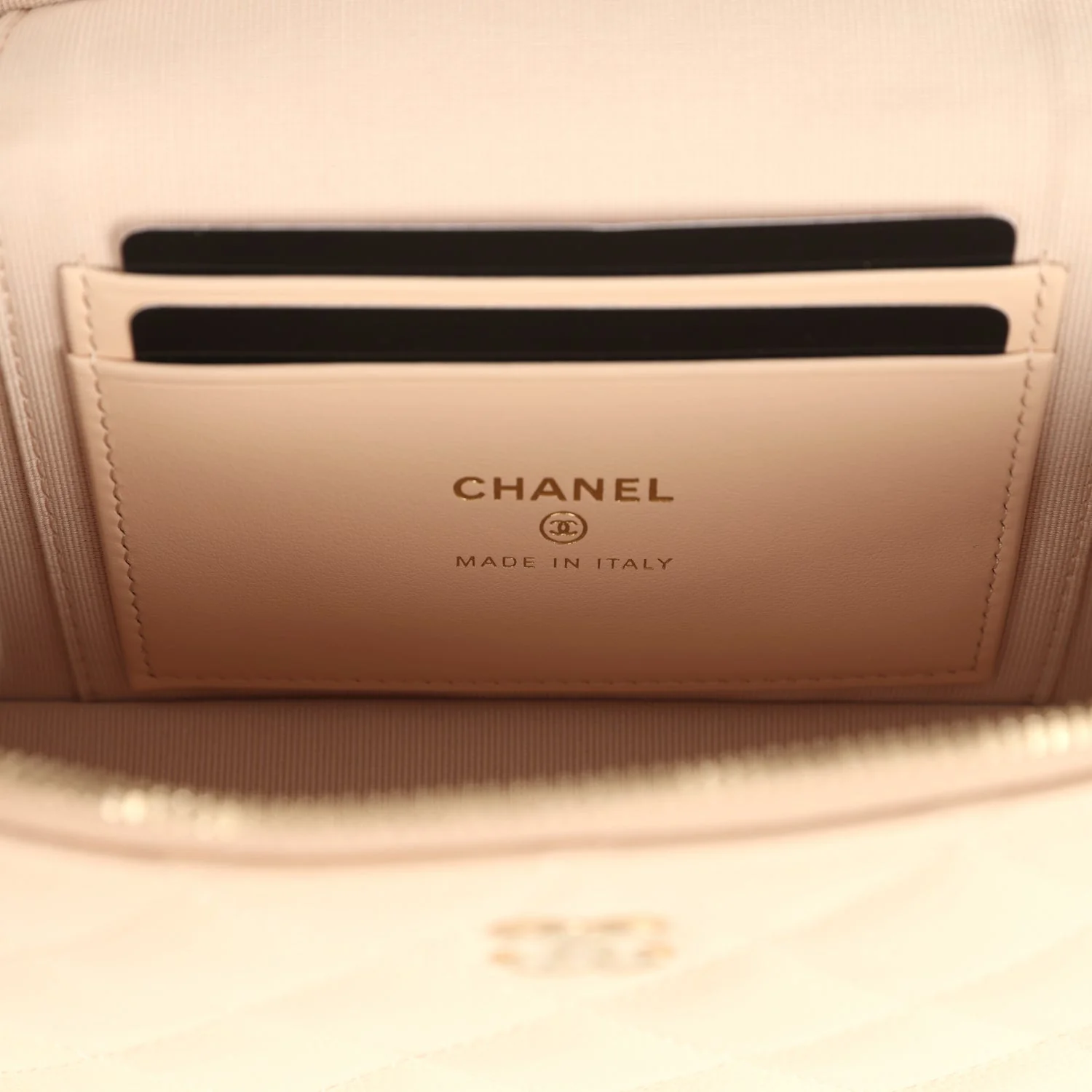 Chanel Top Handle Long Vanity Case with Chain Light Beige Shiny Caviar Light Gold Hardware