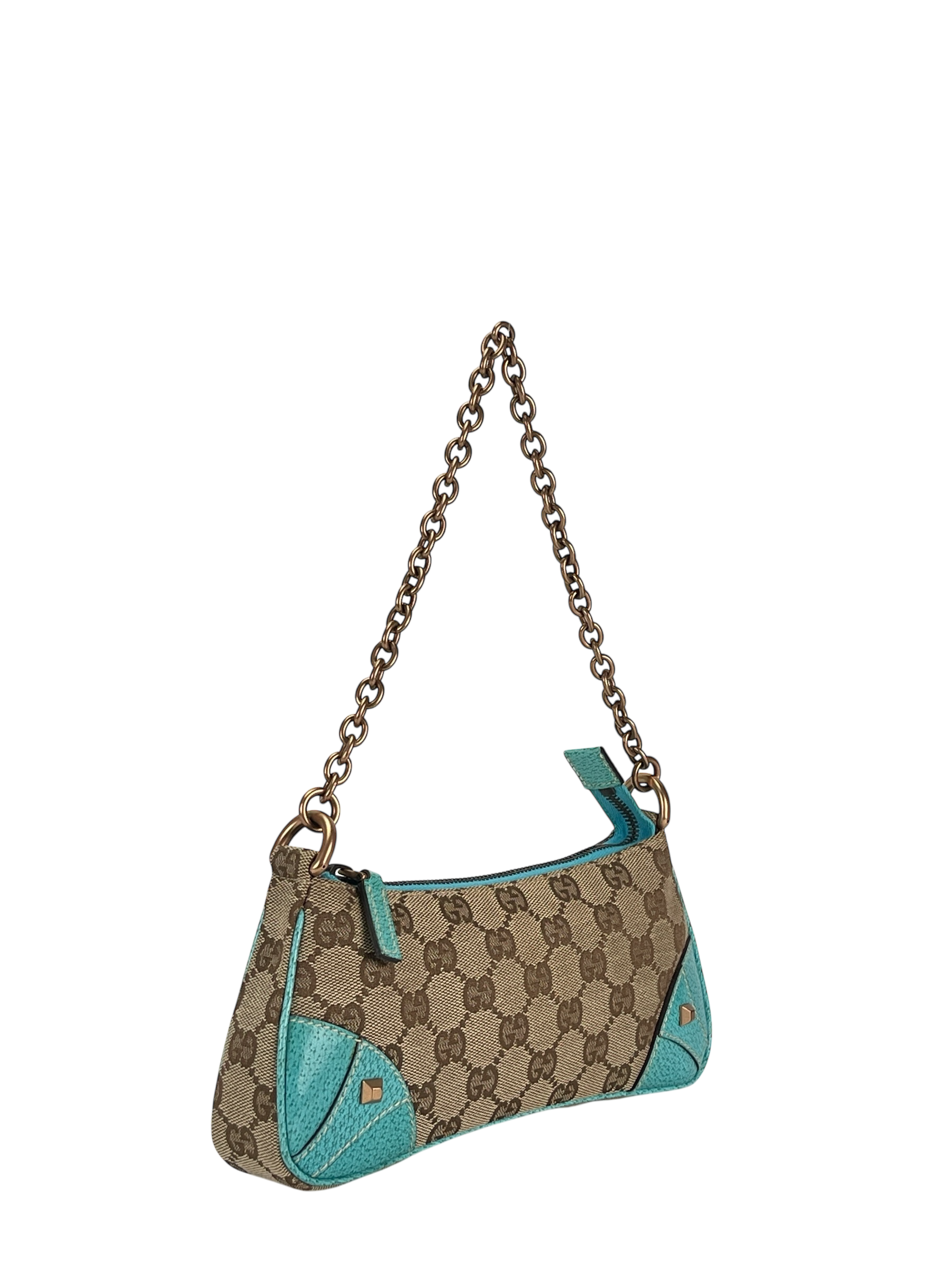 GUCCI - Beige Ophidia Blue Canvas Horsebit Nail Chain Shoulder Bag Pochette