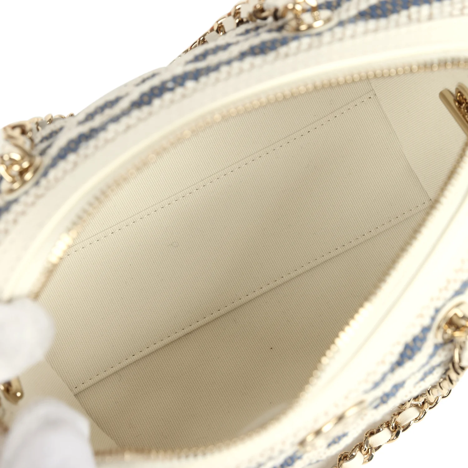 Chanel Mini Timeless Classic Barrel Bag with Chain Light Beige and Dark Blue Striped Woven Fabric Light Gold Hardware