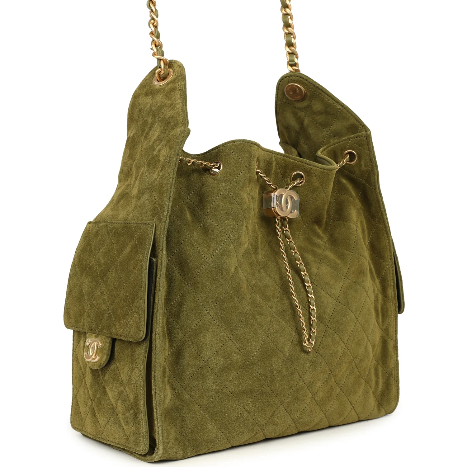 Chanel Medium 25 Hobo Bag Khaki Suede Antique Gold Hardware