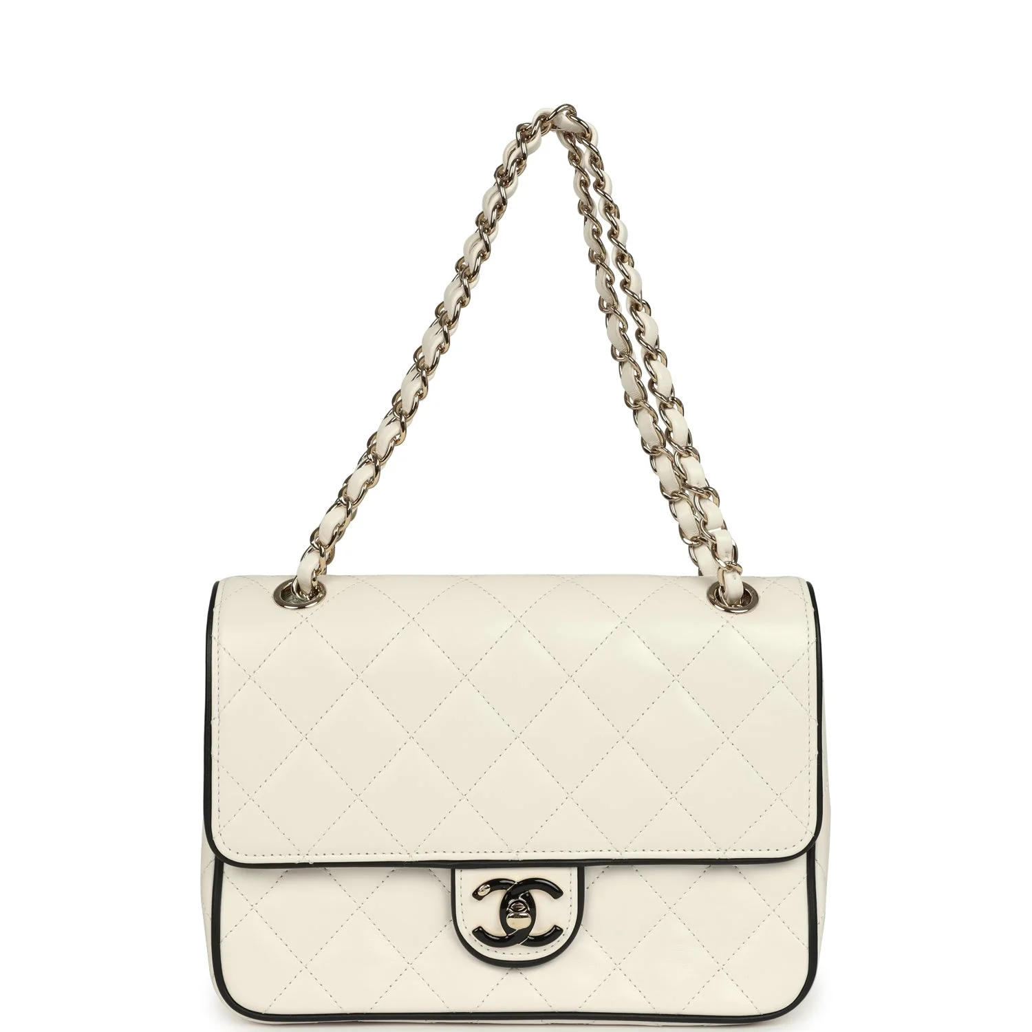 Chanel Small Graphic Frame Flap Bag White and Black Lambskin Light Gold Hardware