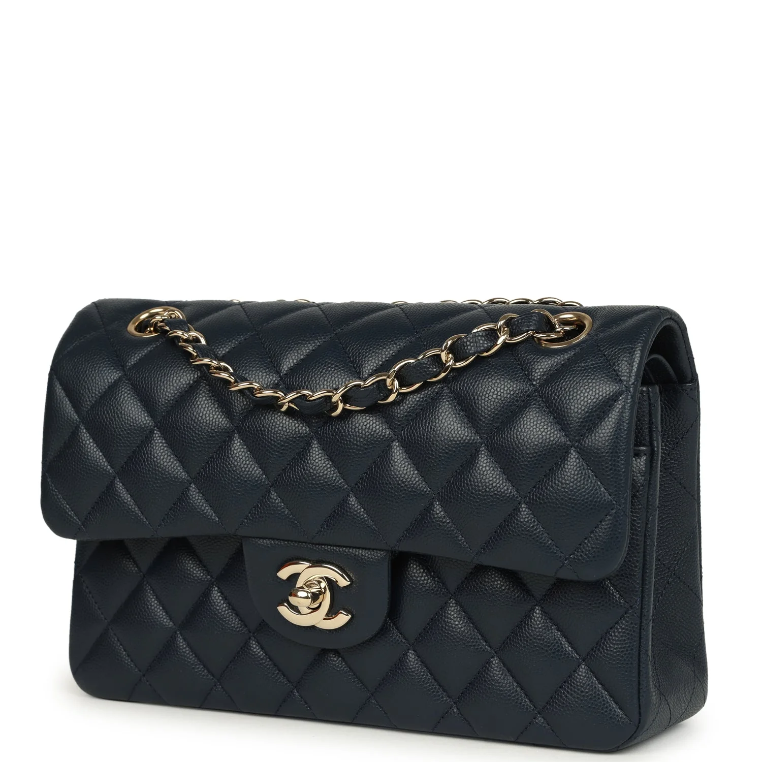 Pre-owned Chanel Small Classic Double Flap Bag Dark Blue Caviar Light Gold Hardware