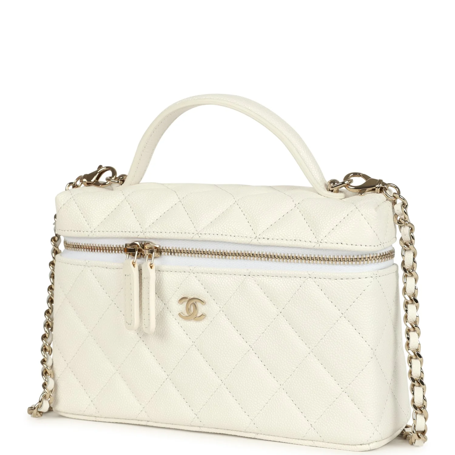 Chanel Top Handle Long Vanity Case with Chain White Shiny Caviar Light Gold Hardware