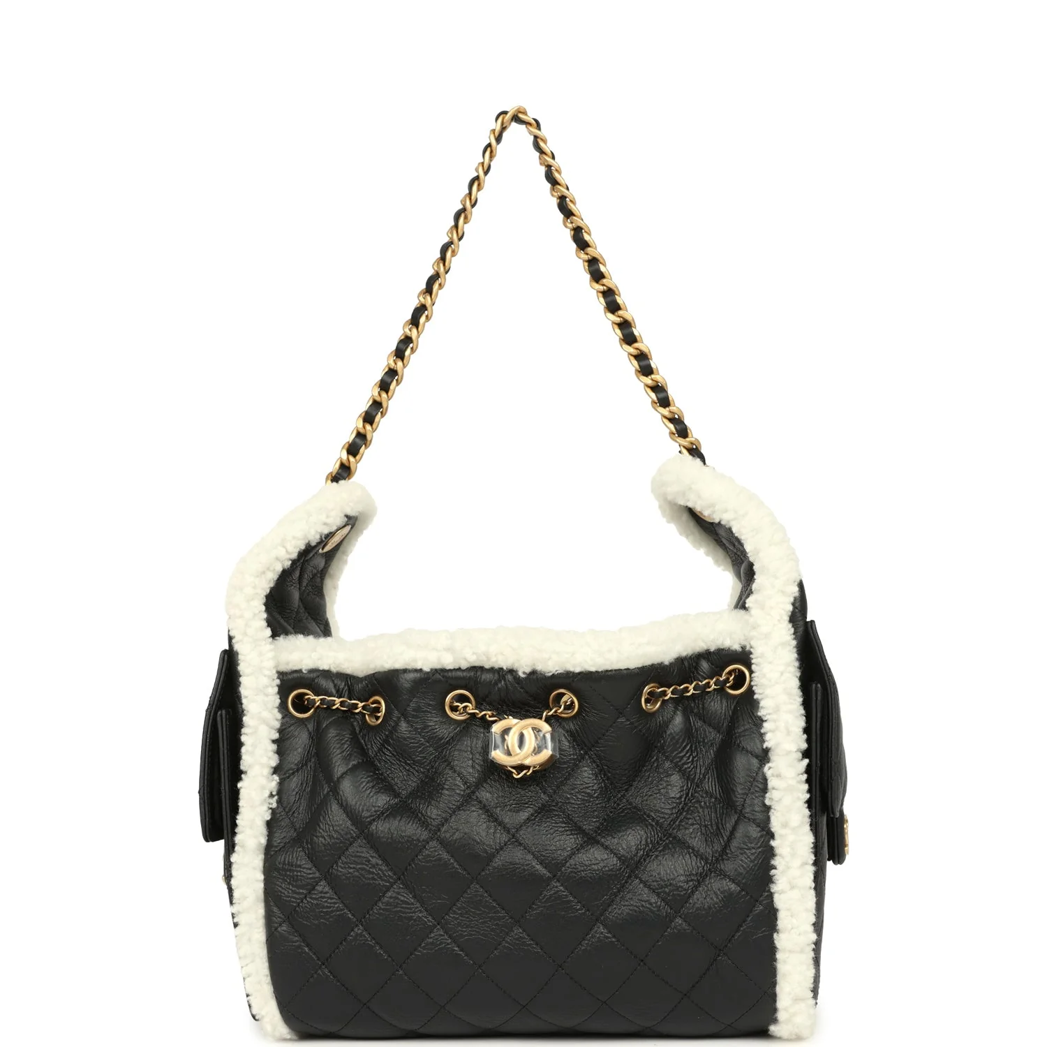 Chanel Small 25 Hobo Bag Black Crumpled Sheepskin and White Shearling Antique Gold Hardware