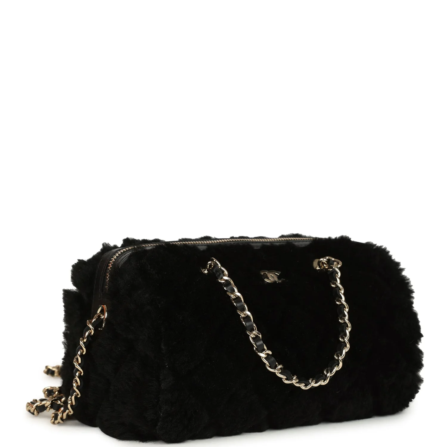 Chanel Mini Timeless Classic Barrel Bag with Chain Black Shearling Light Gold Hardware