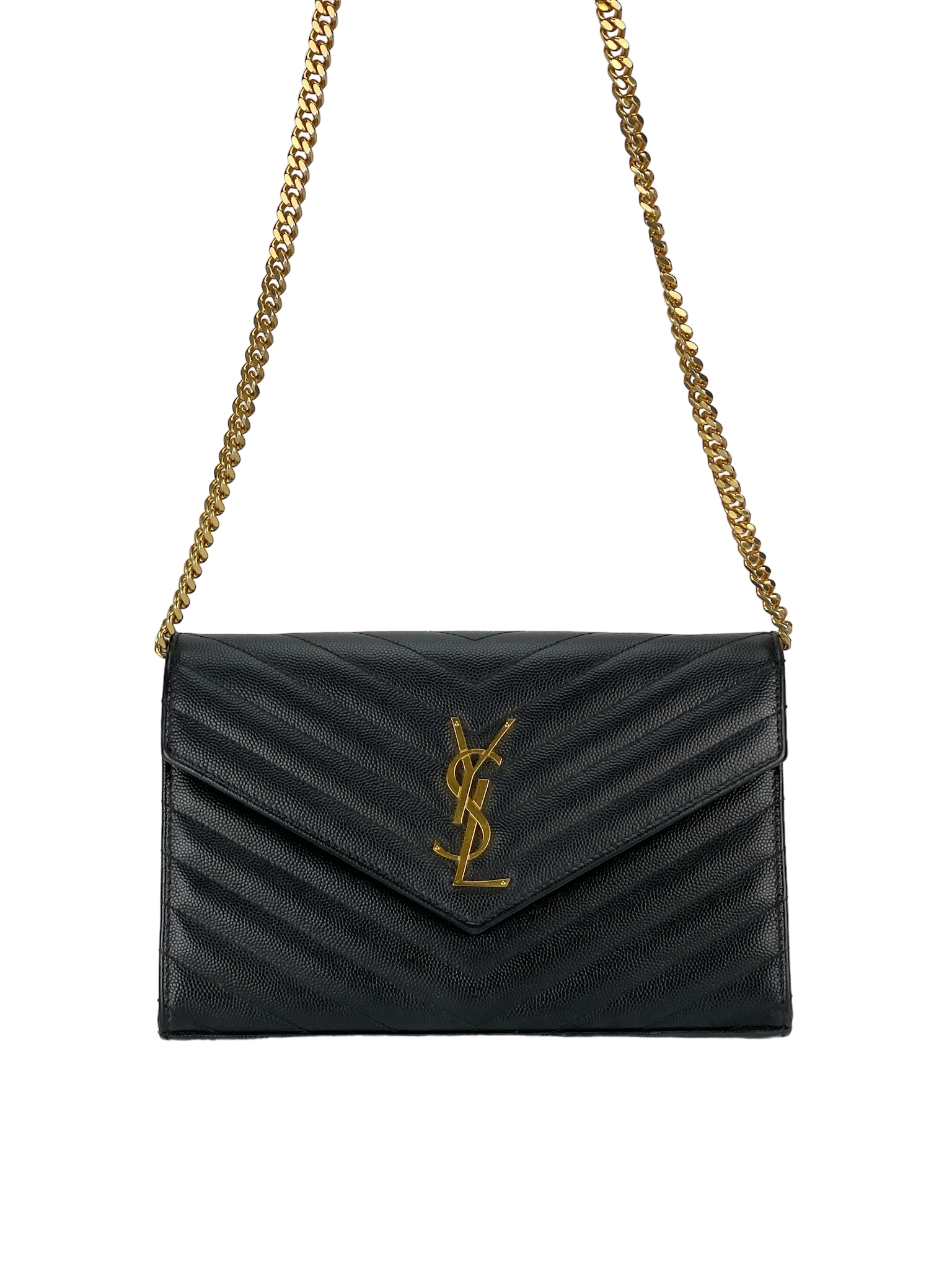 SAINT LAURENT - Grain De Poudre Matelasse Chevron Monogram Chain Wallet