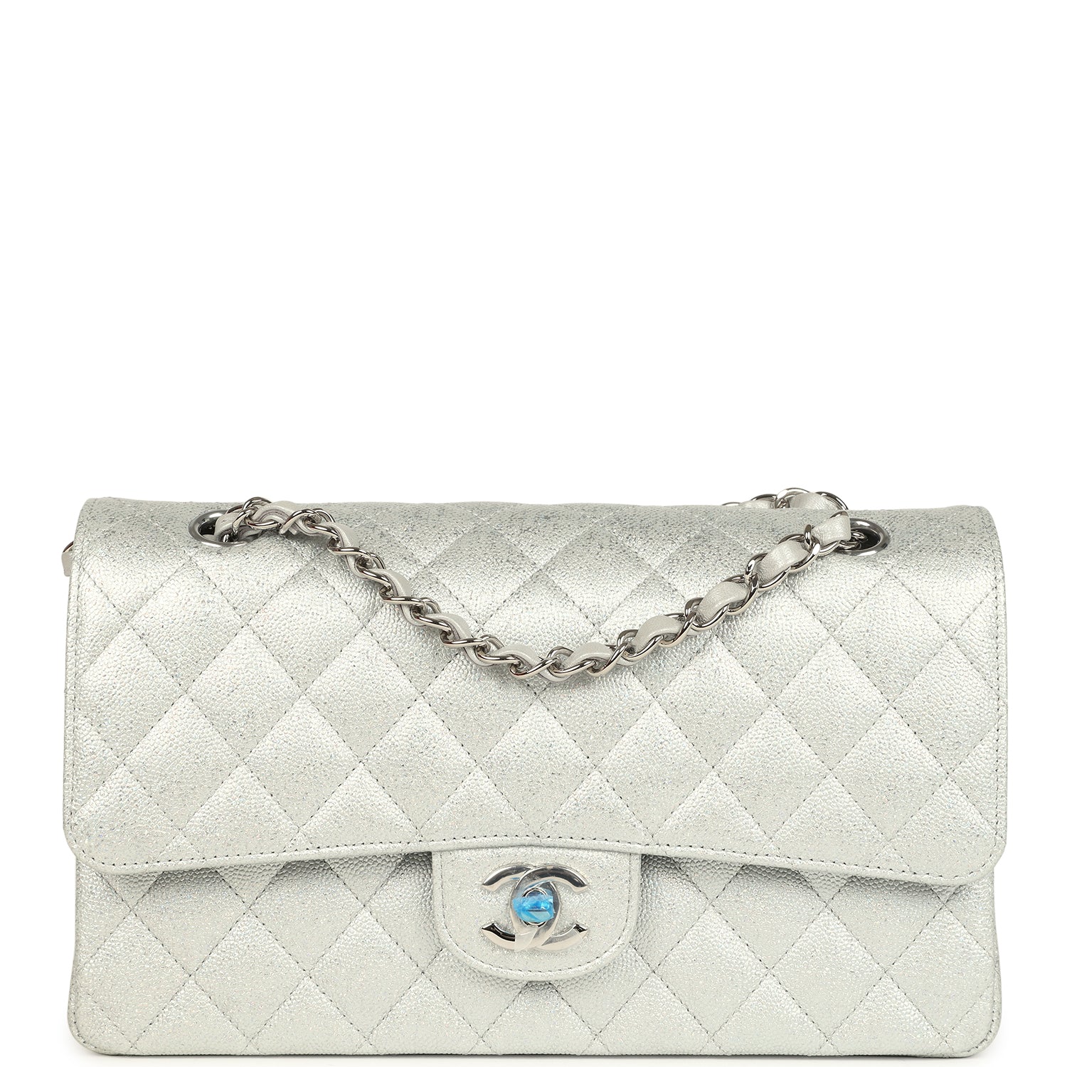 Chanel Medium Classic Double Flap Silver Glitter Caviar Silver Hardware