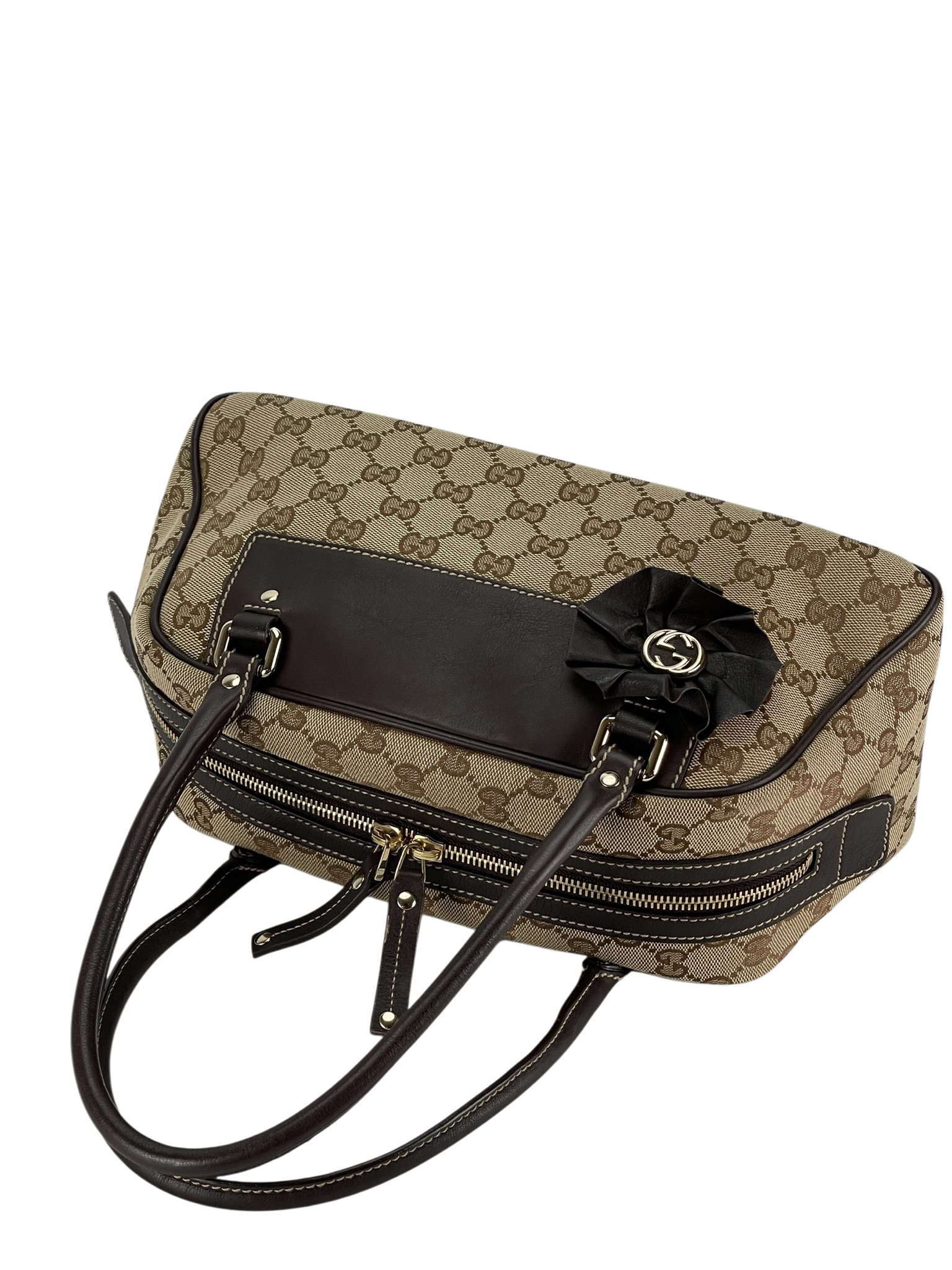 GUCCI - Beige Brown GG Canvas Trophy Boston Handbag