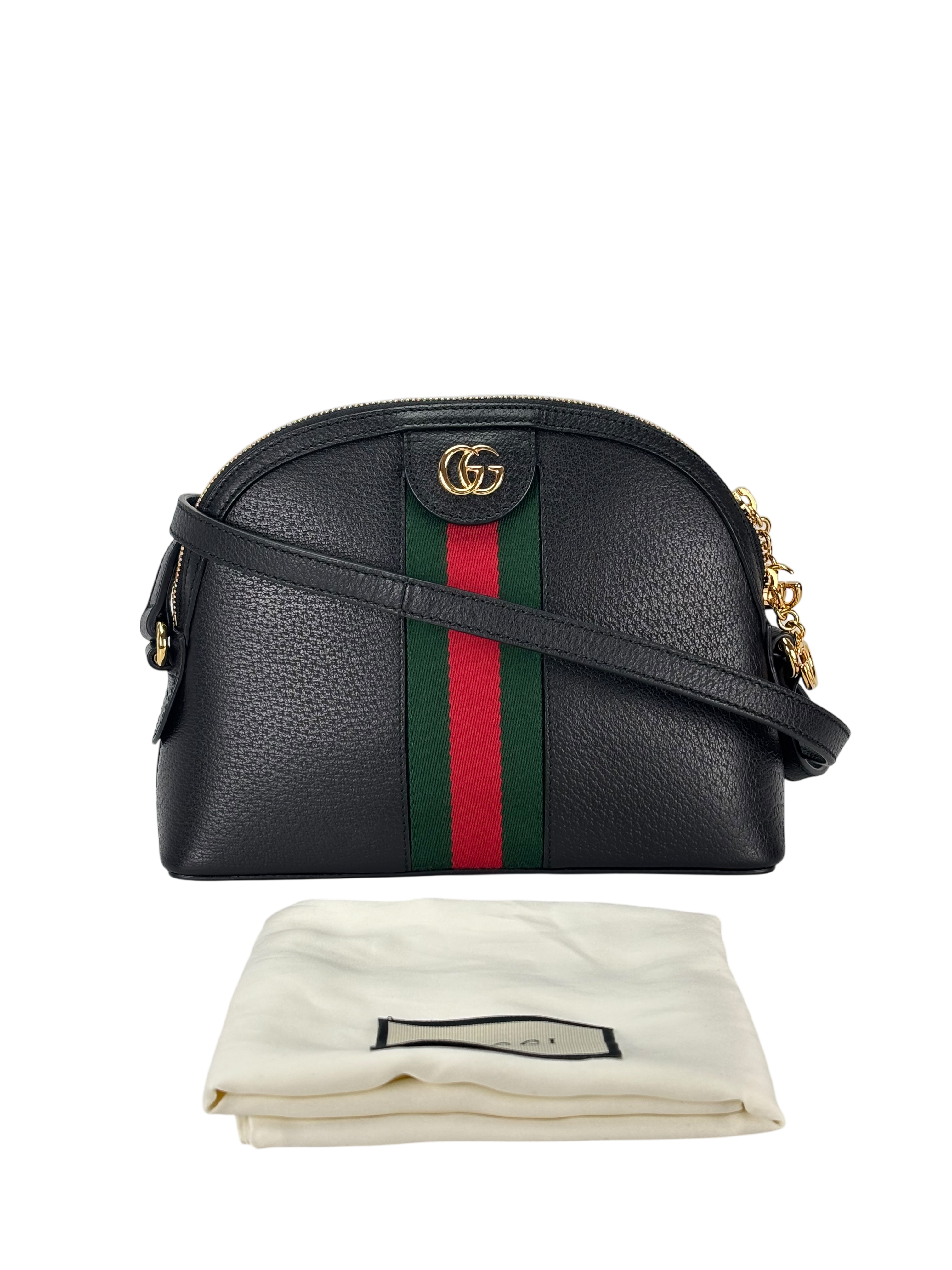 GUCCI - Leather Calfskin GG Web Small Ophidia Dome Shoulder Bag Black