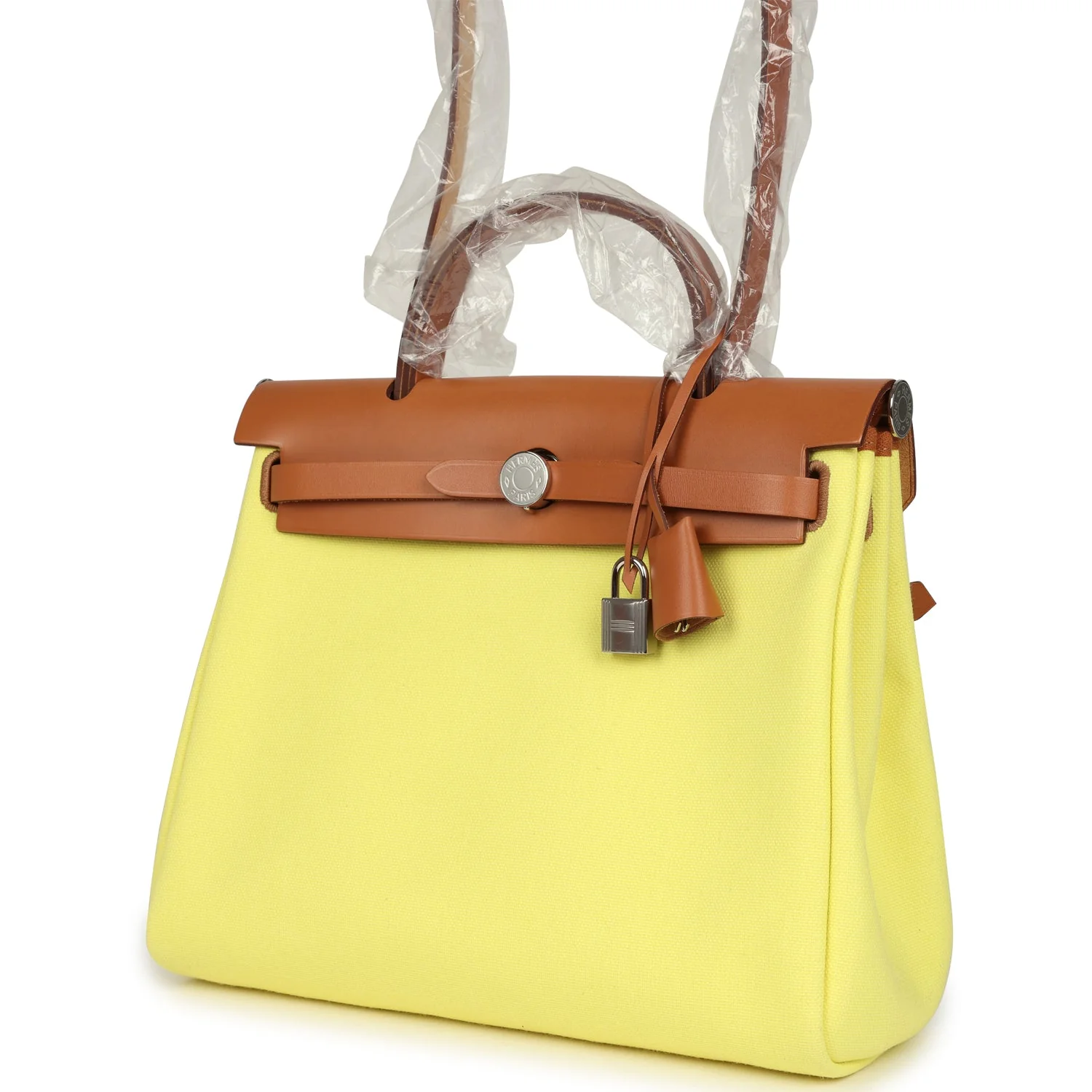 Hermes Herbag Zip PM 31 Jaune Citron Toile H Canvas and Fauve Vache Hunter Palladium Hardware