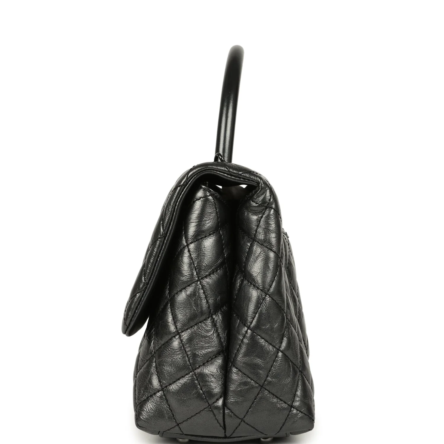 Chanel Medium Coco Top Handle Flap Bag Dark Grey Crumpled Calfskin Black Hardware