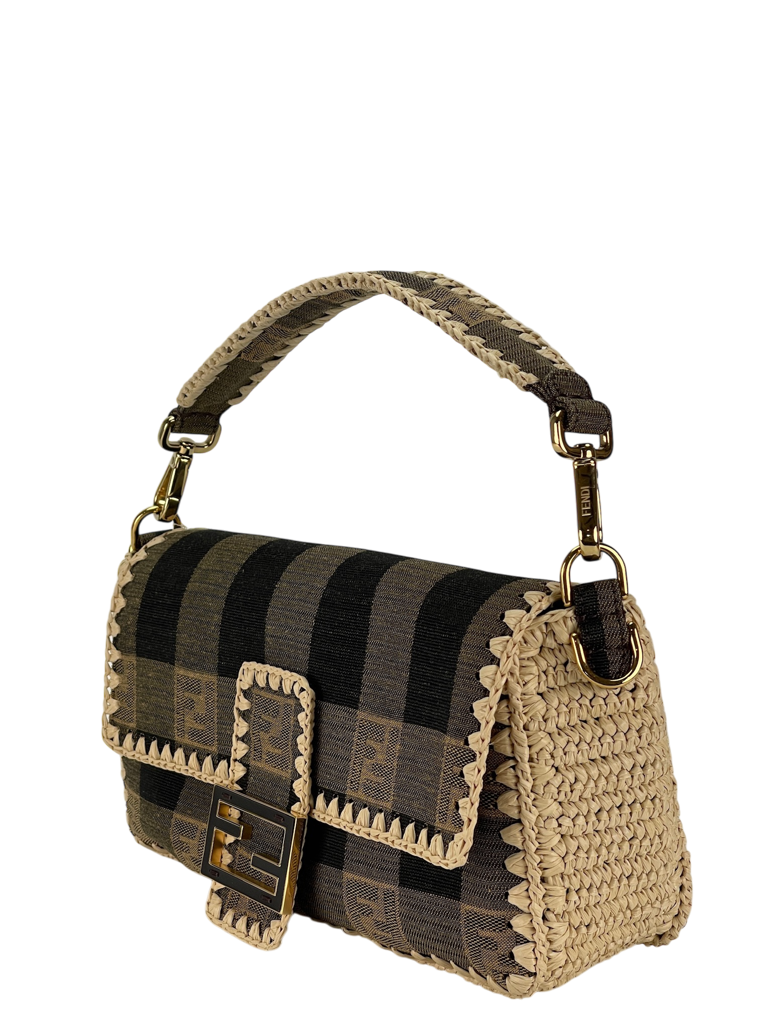 FENDI - Zucca Pecan Canvas Raffia Mamma Bucket 2Way Bag
