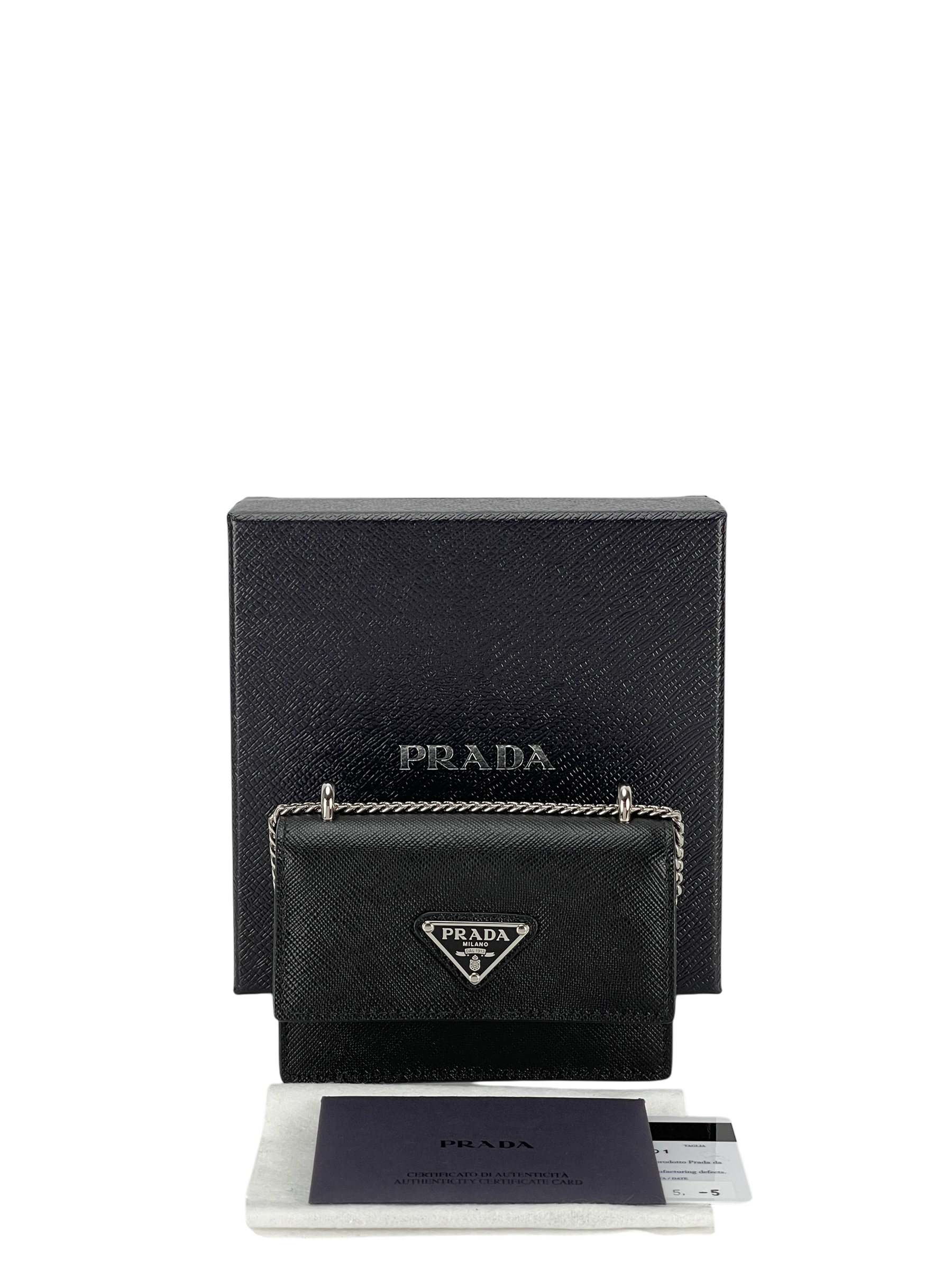 PRADA - Black Saffiano leather card holder with shoulder strap