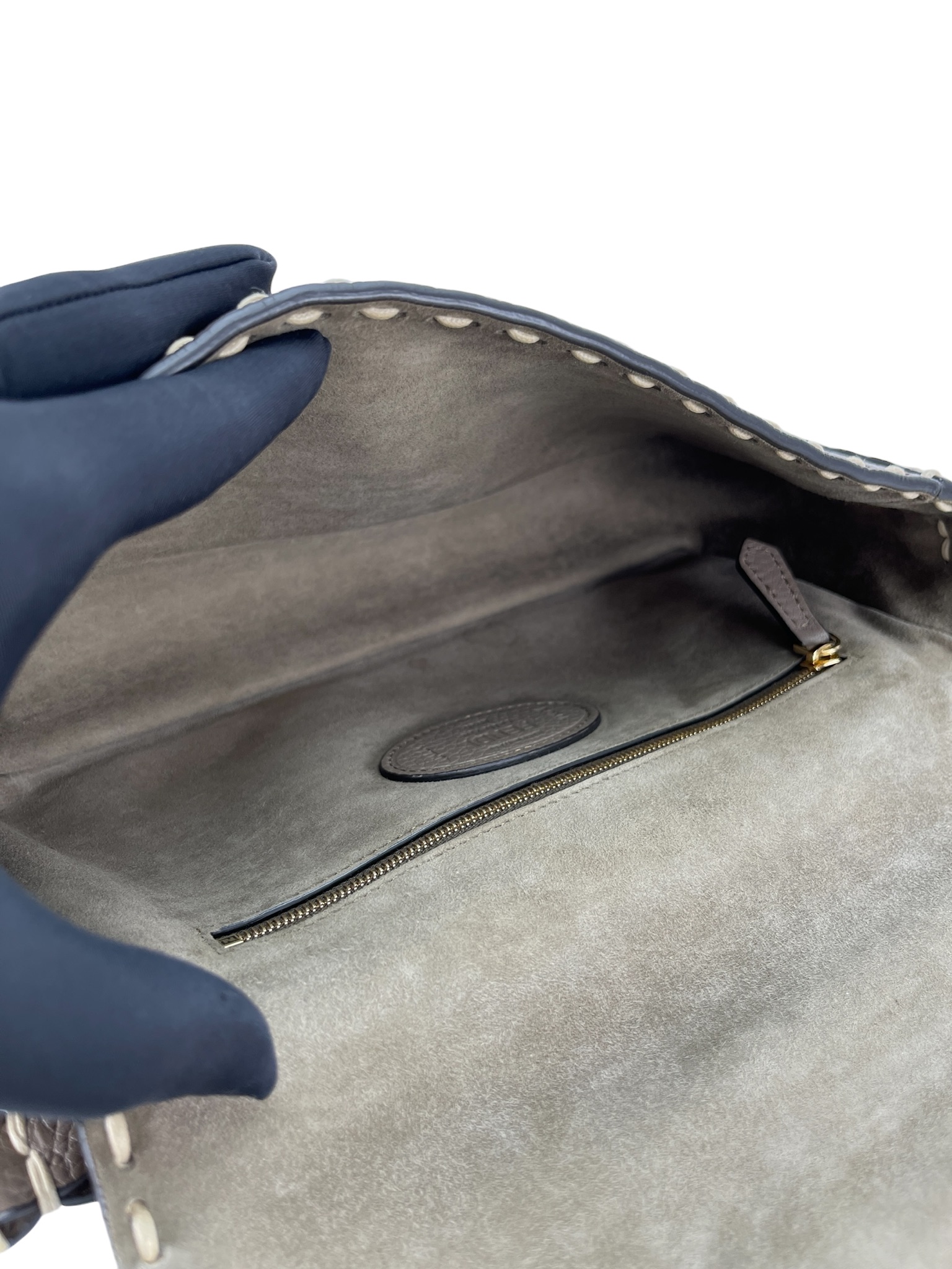 FENDI - Calfskin Granata Print Macro Stitchings Baguette Truffle