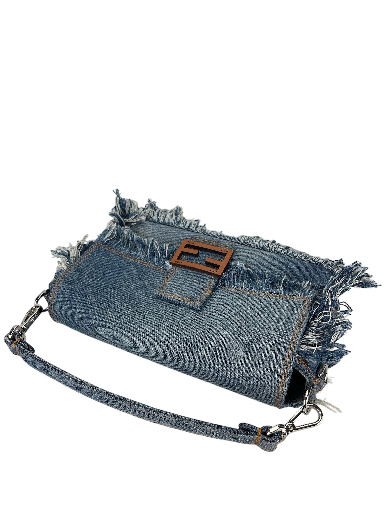 FENDI - Light Denim Lavato Leather Frayed Baguette Shoulder Bag