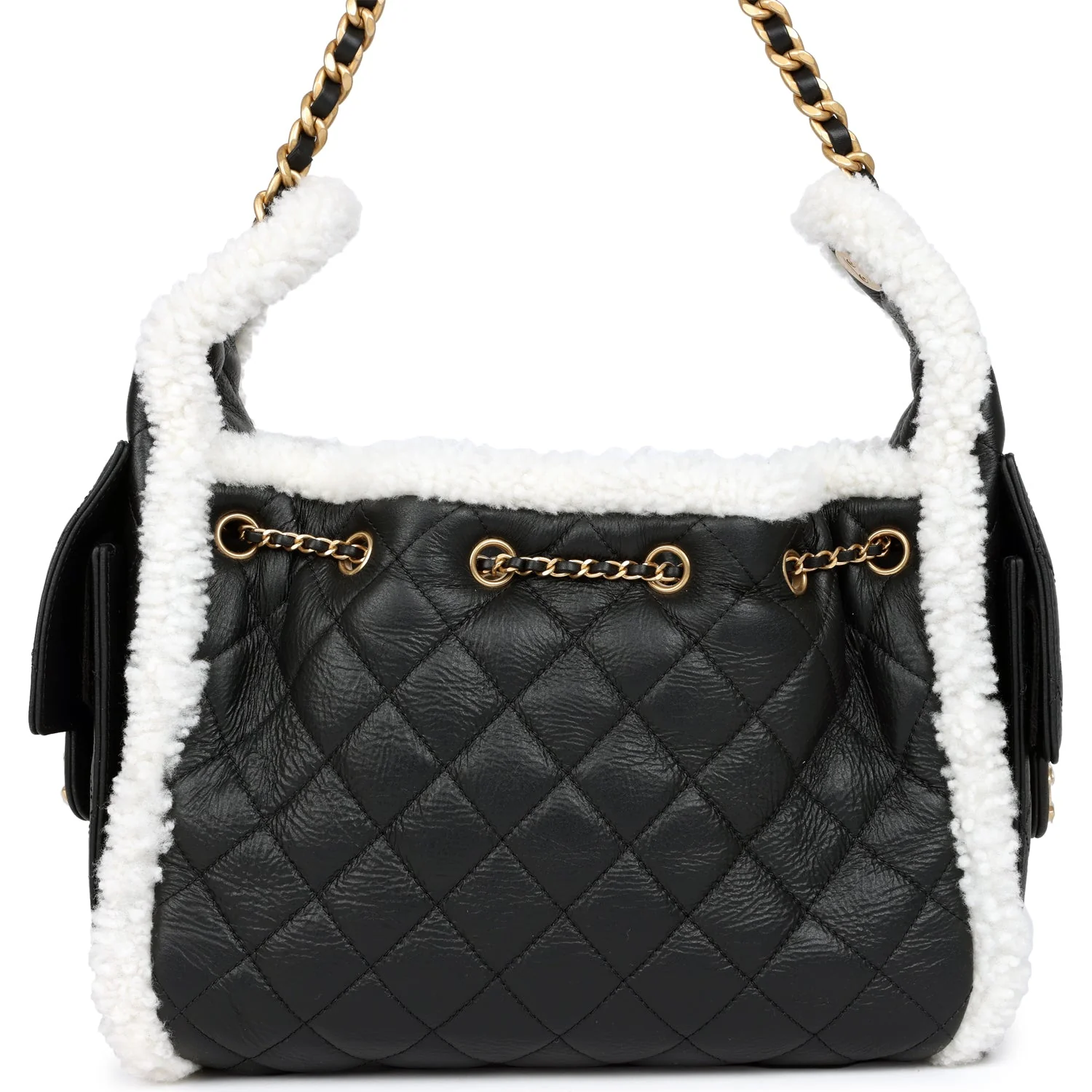 Chanel Small 25 Hobo Bag Black Crumpled Sheepskin and White Shearling Antique Gold Hardware