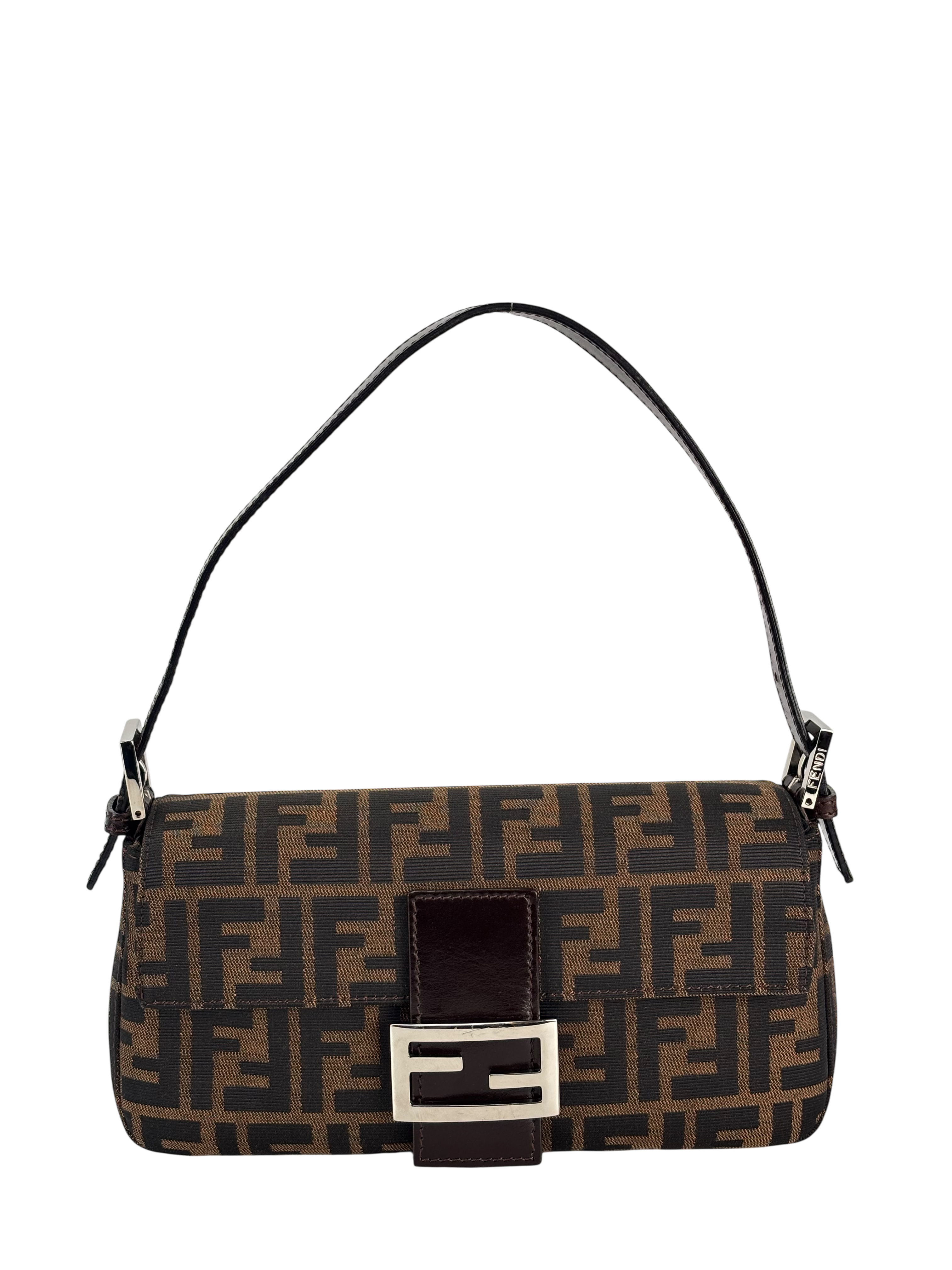 FENDI - Brown Canvas Baguette Handbag Silver Hardware
