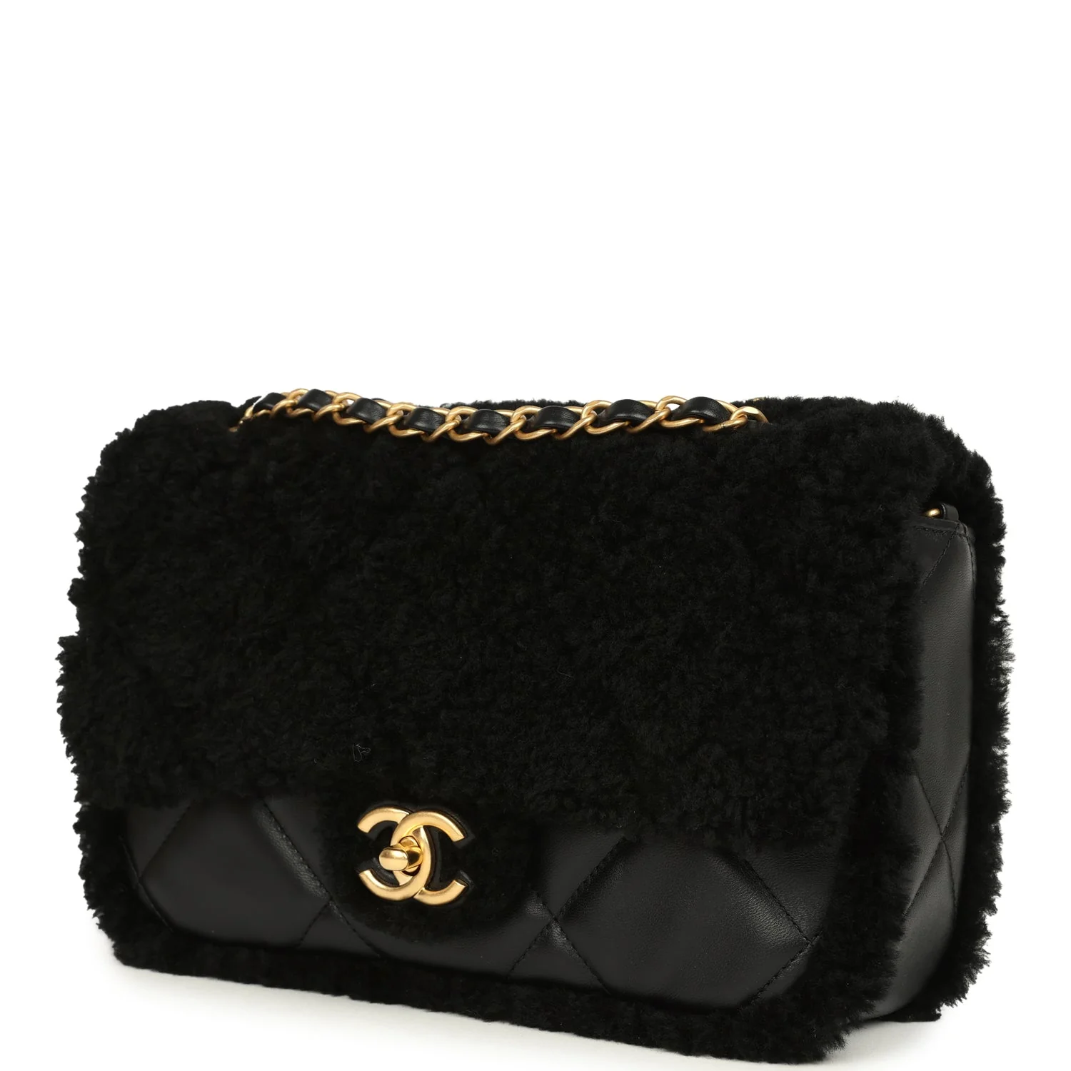 Chanel Medium Shearling Flap Bag Black Lambskin Brushed Gold Hardware