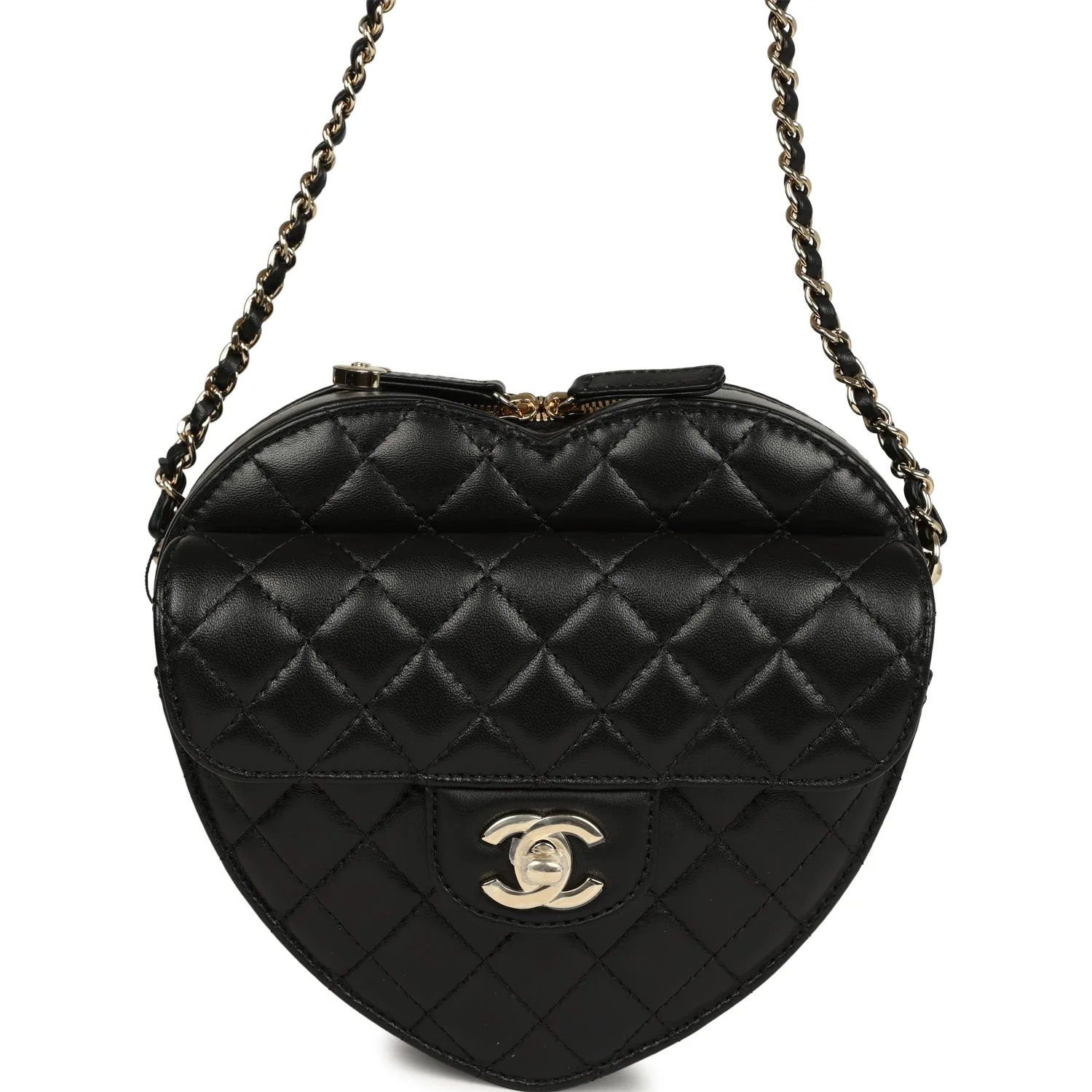 Chanel CC In Love Large Heart Bag with Chain Black Lambskin Light Gold Hardware