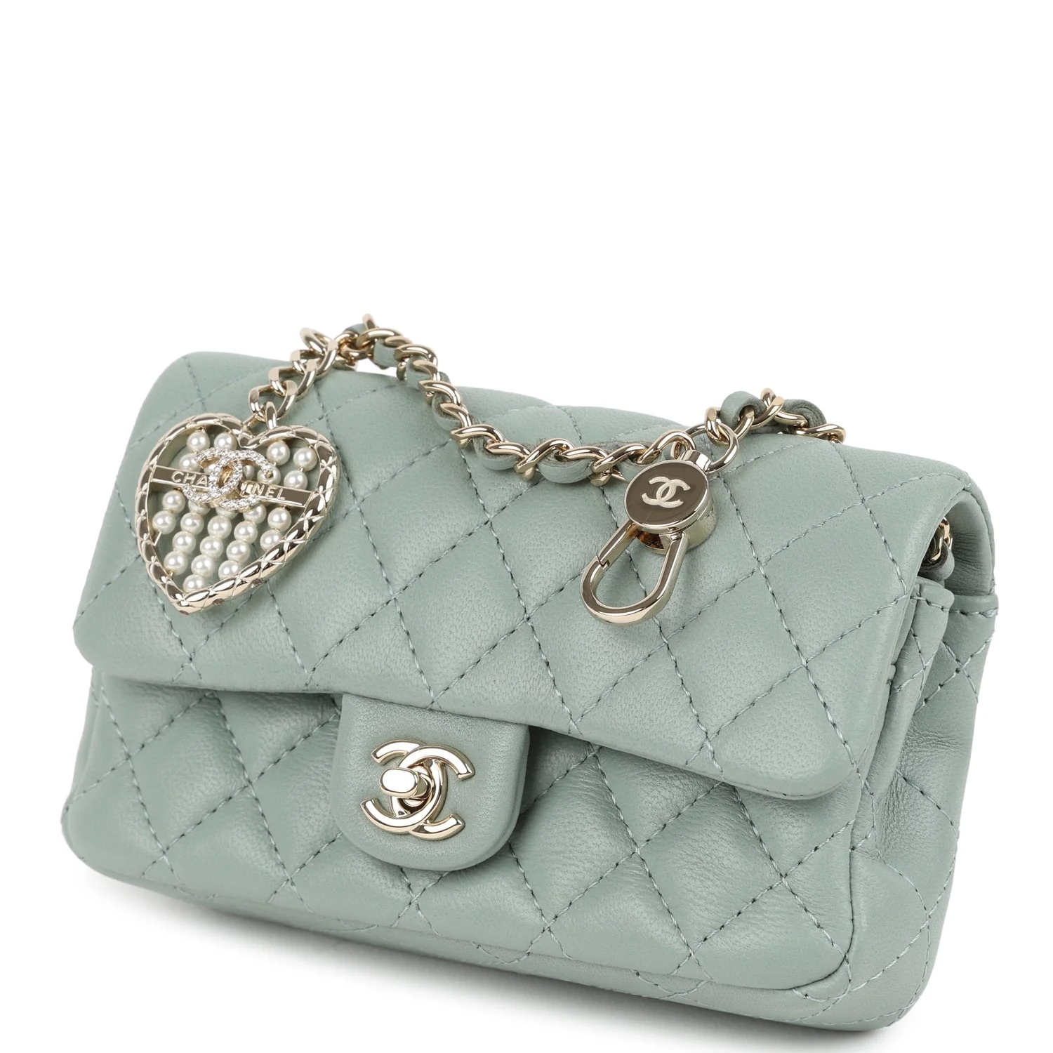 Chanel Nano Classic Double Flap Bag Charm Dark Green Lambskin Light Gold Hardware