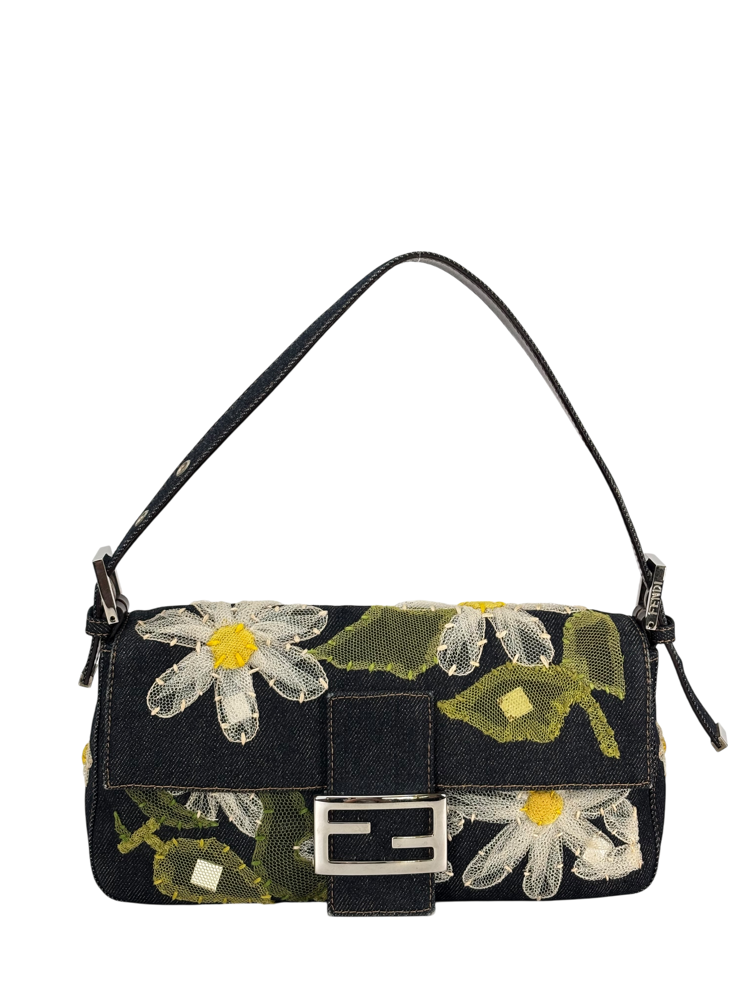 FENDI - Small Baguette Bag Denim Flower Navy