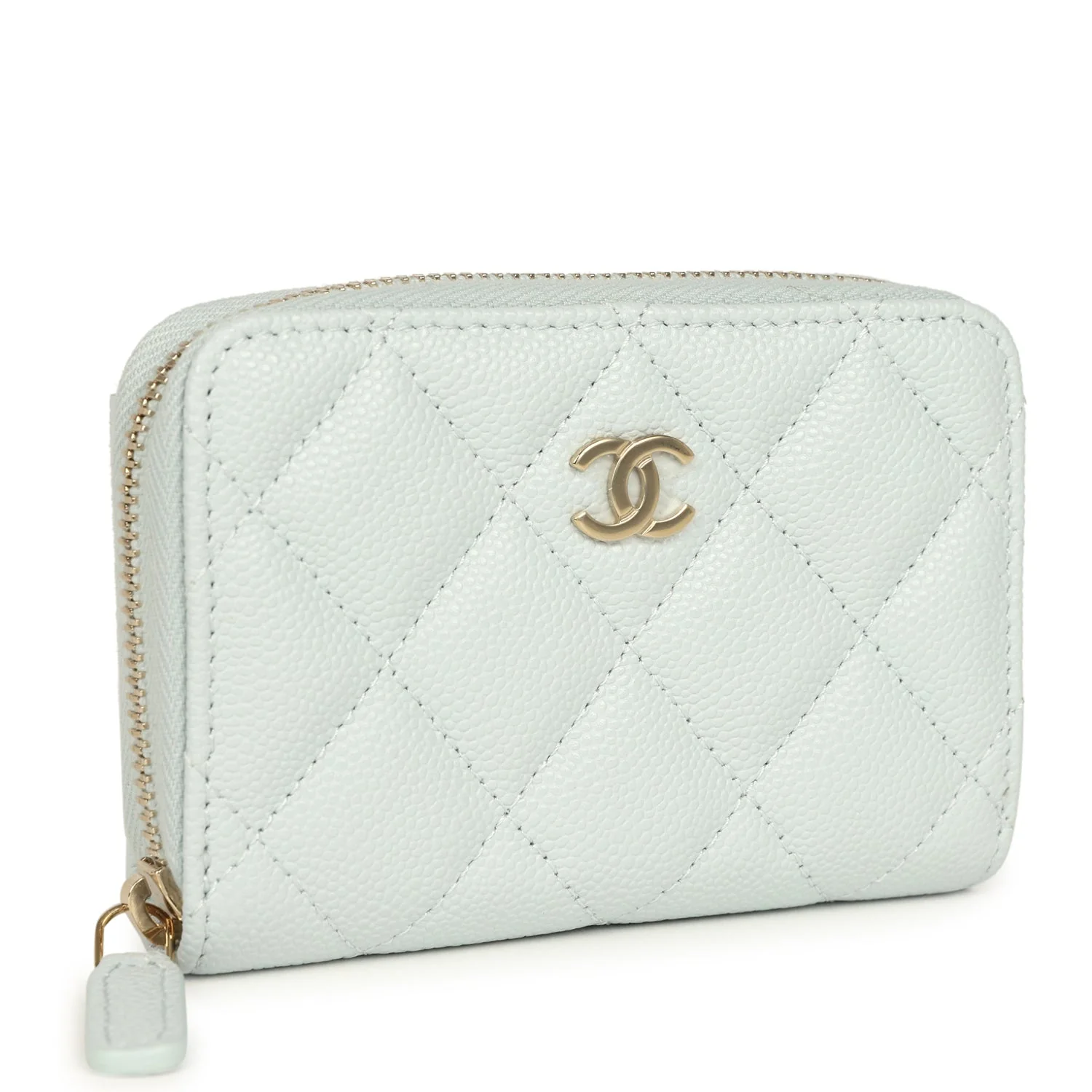 Chanel Classic Zipped Coin Purse Wallet Light Blue Caviar Light Gold Hardware