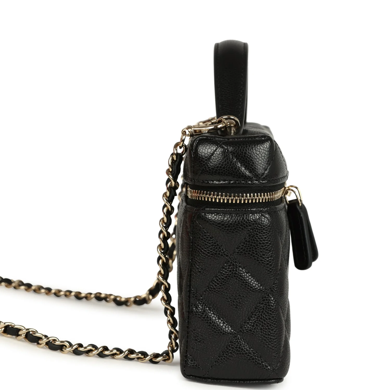 Chanel Top Handle Long Vanity Case with Chain Black Shiny Caviar Light Gold Hardware