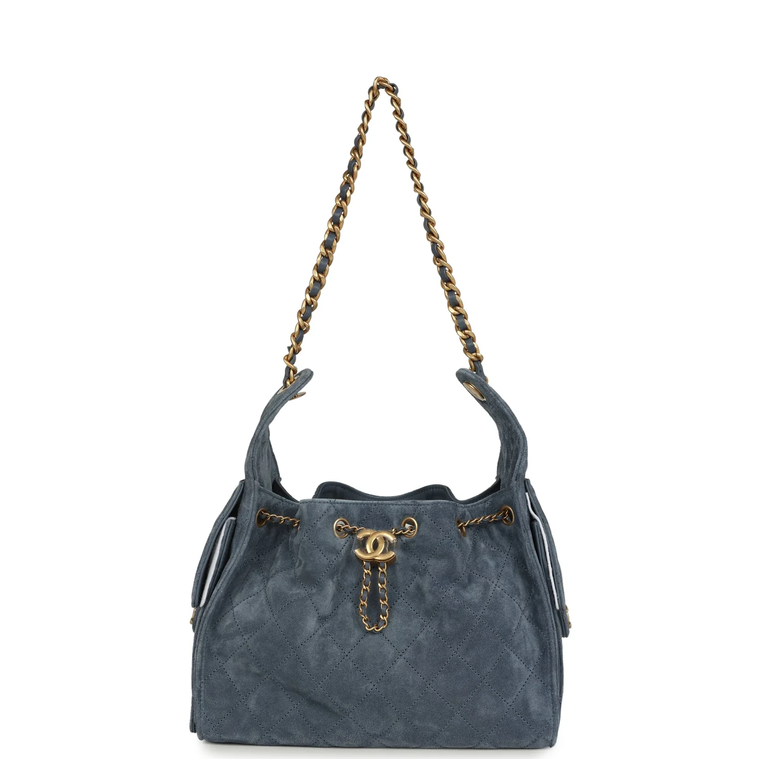 Chanel Small 25 Hobo Bag Blue Suede Antique Gold Hardware