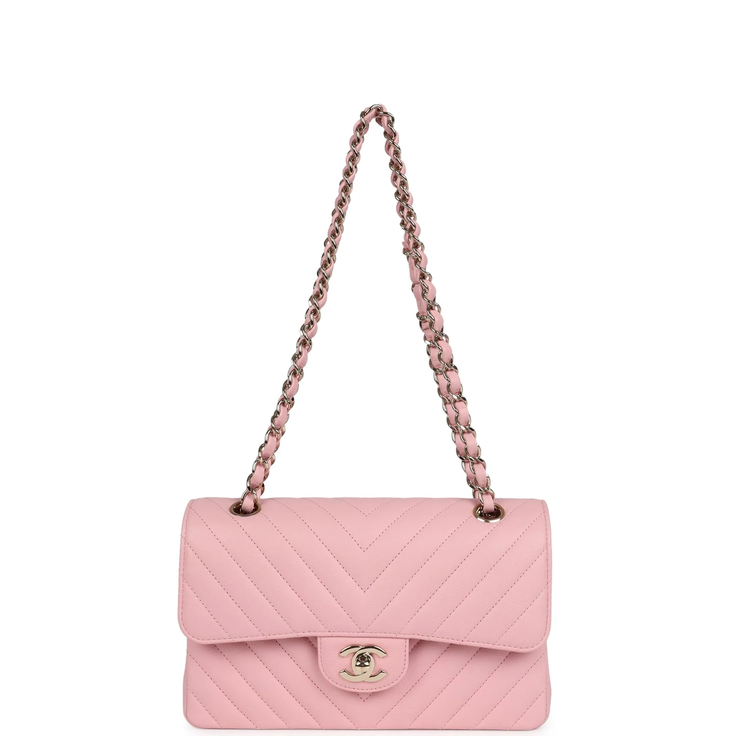 Chanel Small Classic Double Flap Bag Light Pink Chevron Caviar Light Gold Hardware