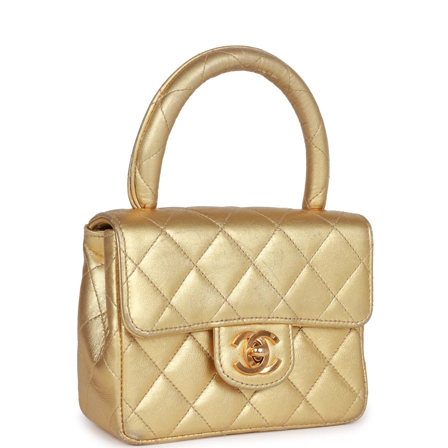 Vintage Chanel Mini Top Handle Kelly Child Flap Bag Gold Metallic Lambskin Gold Hardware