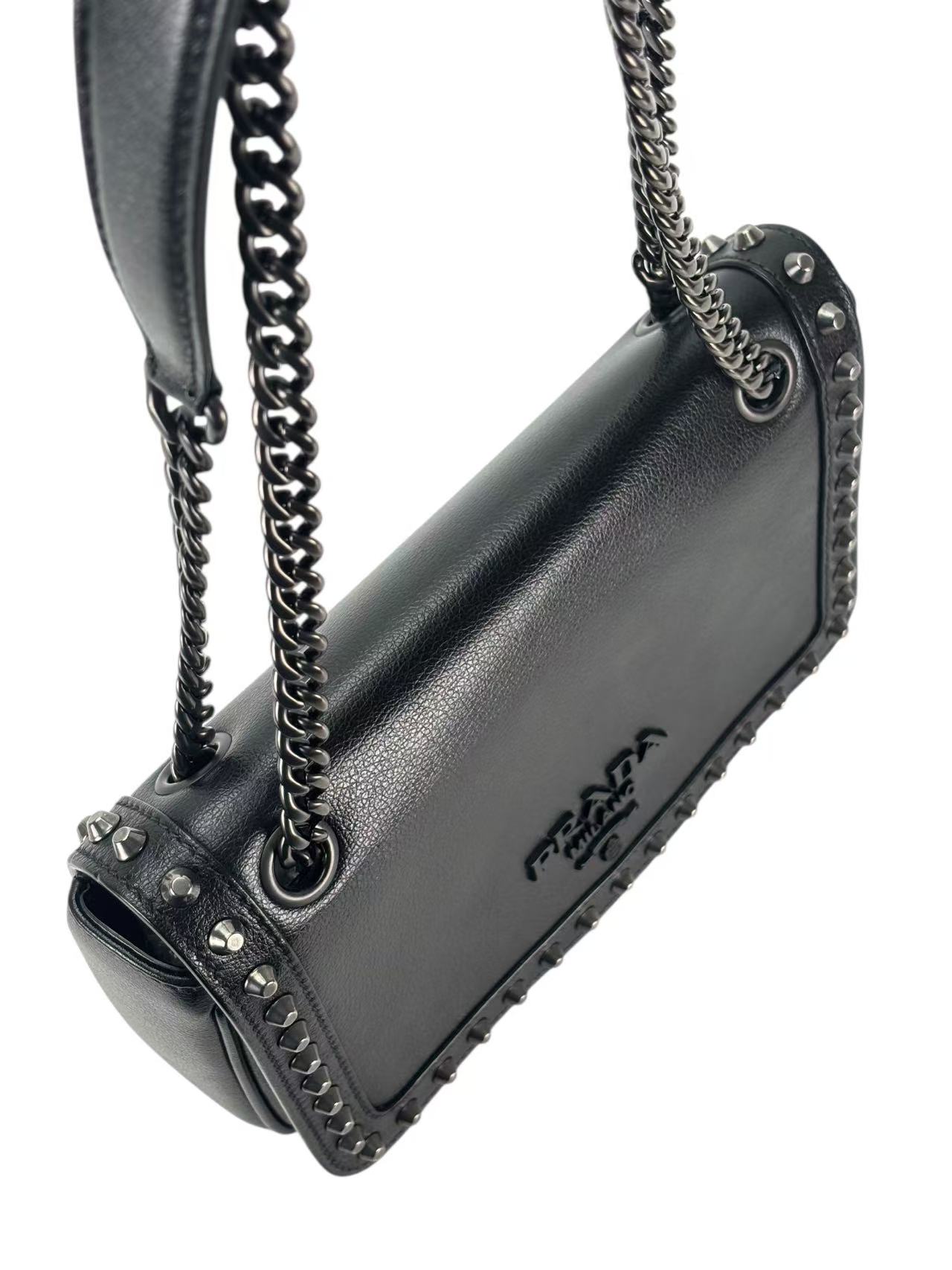 PRADA - Black Leather Studded Flap Double Chain Shoulder Bag