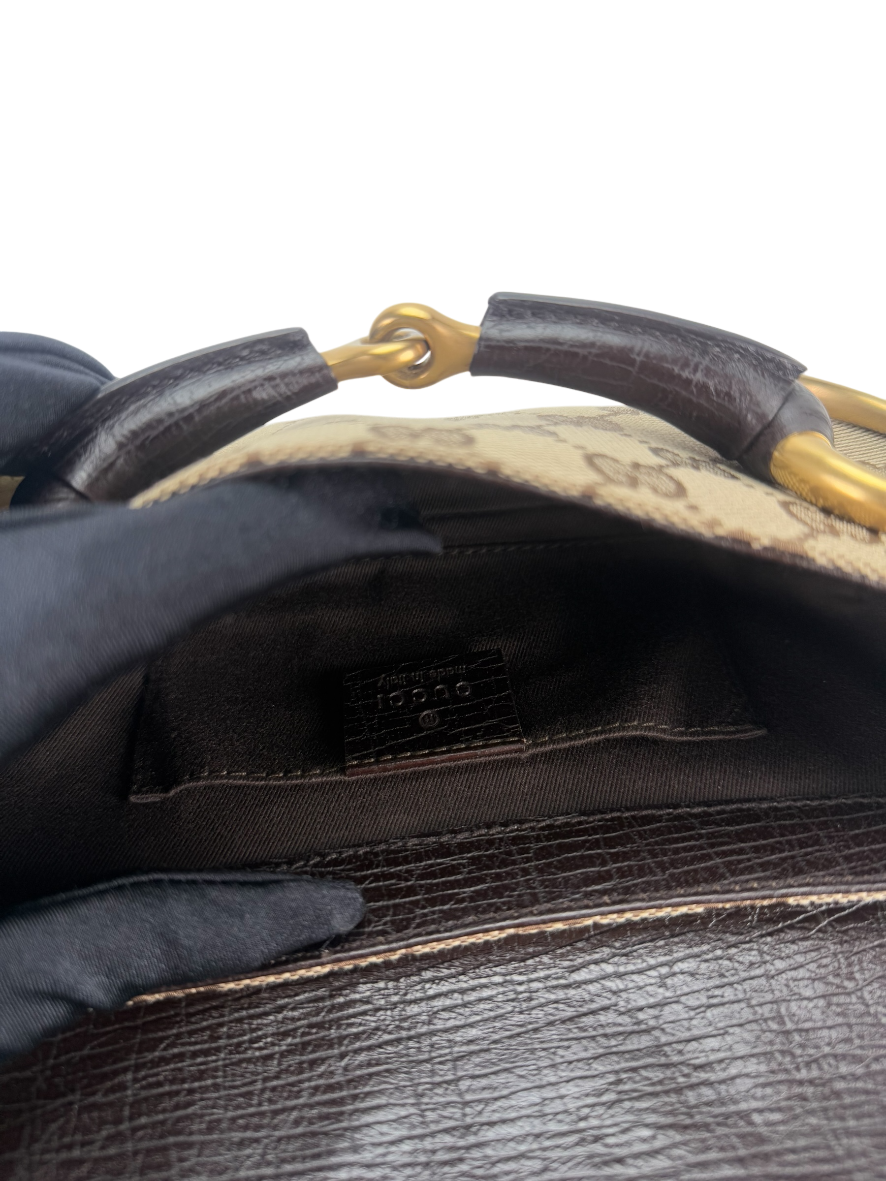 GUCCI -  Beige Brown 2WAY Horsebit Chain GG Canvas Handbag Clutch Bag